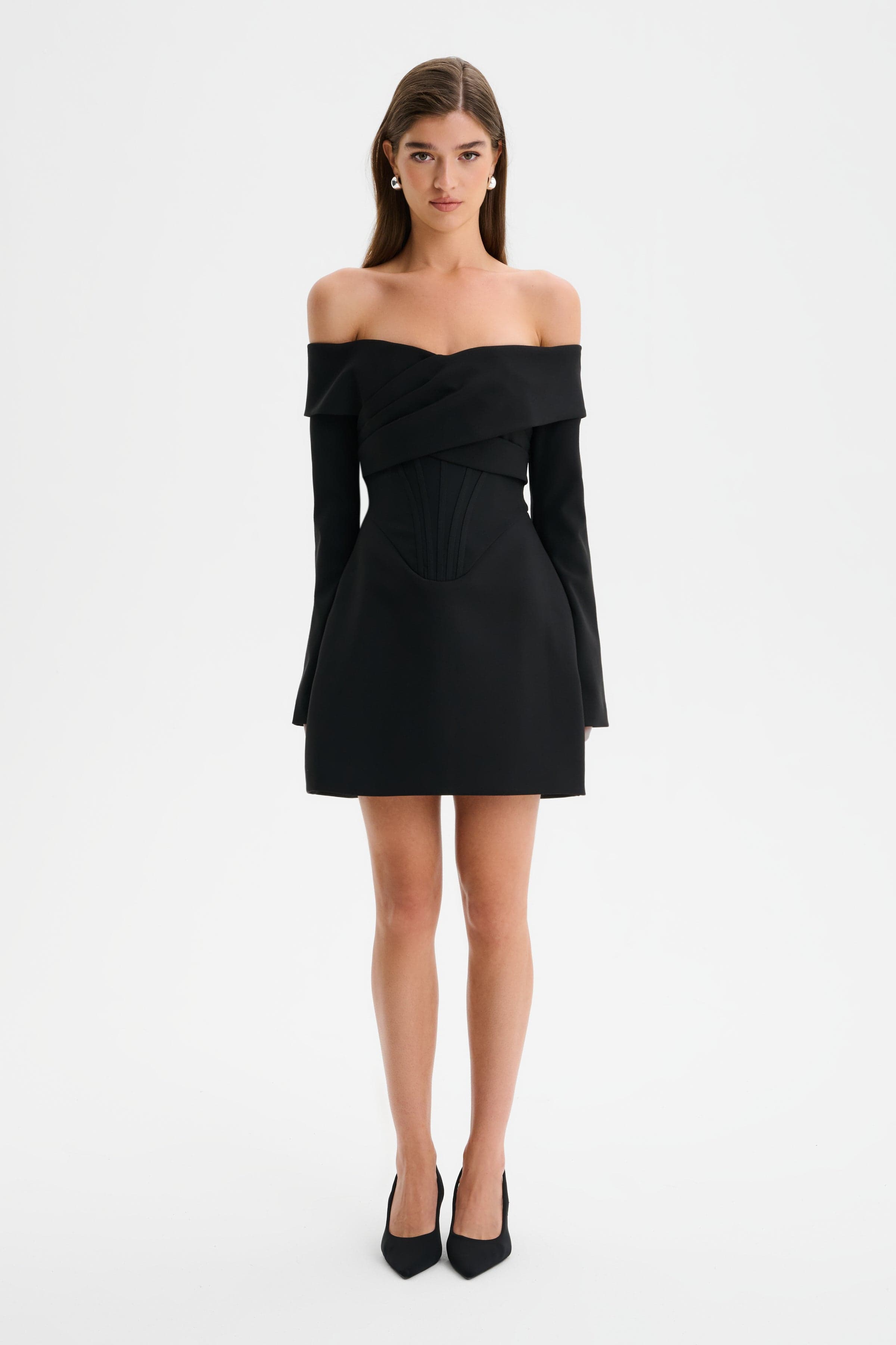 BONNIE Off Shoulder Tulip Mini Dress With Corsetry Detail in Black