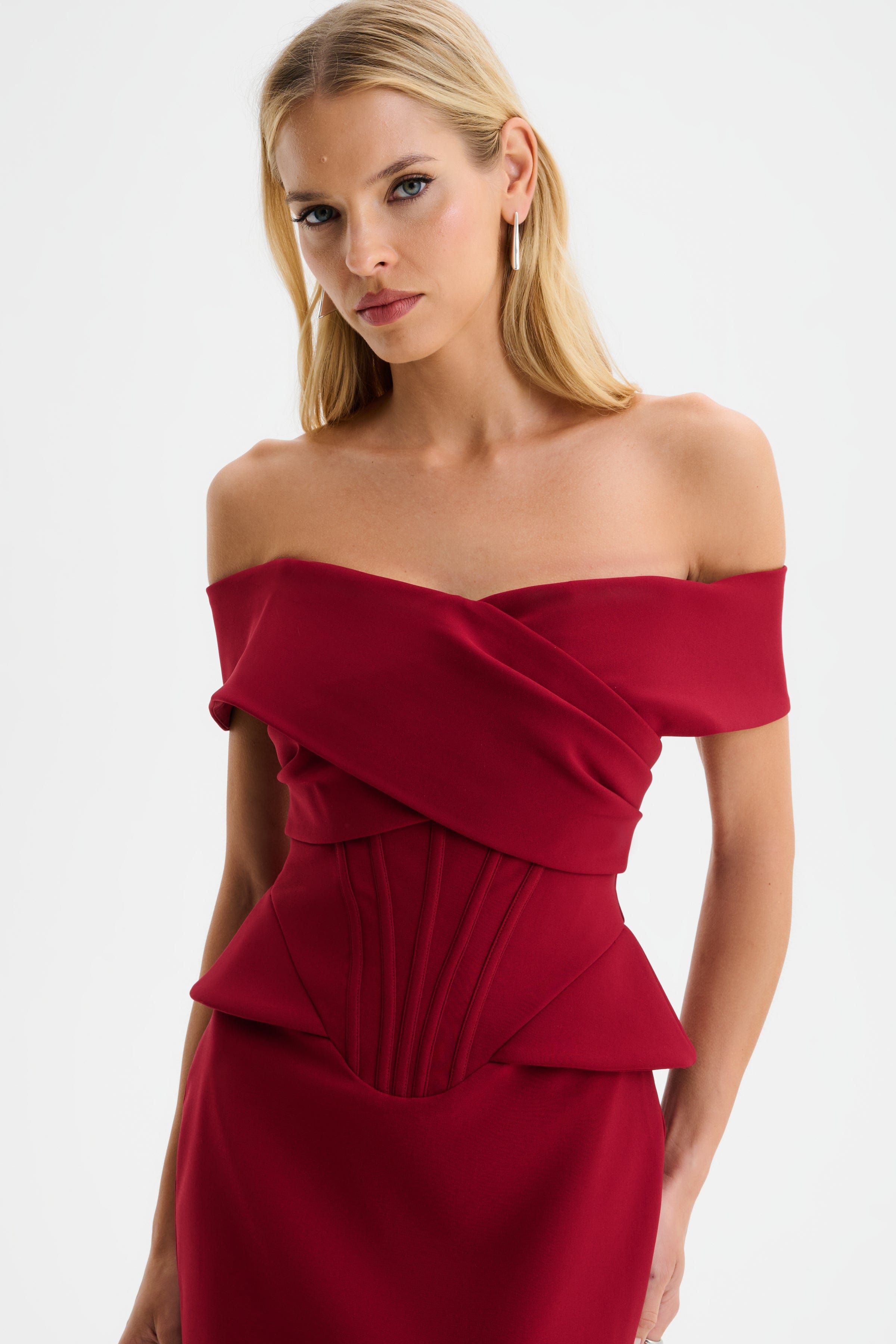 BETHANY Off Shoulder Midi Dress with Corsetry Detail in Burgundy