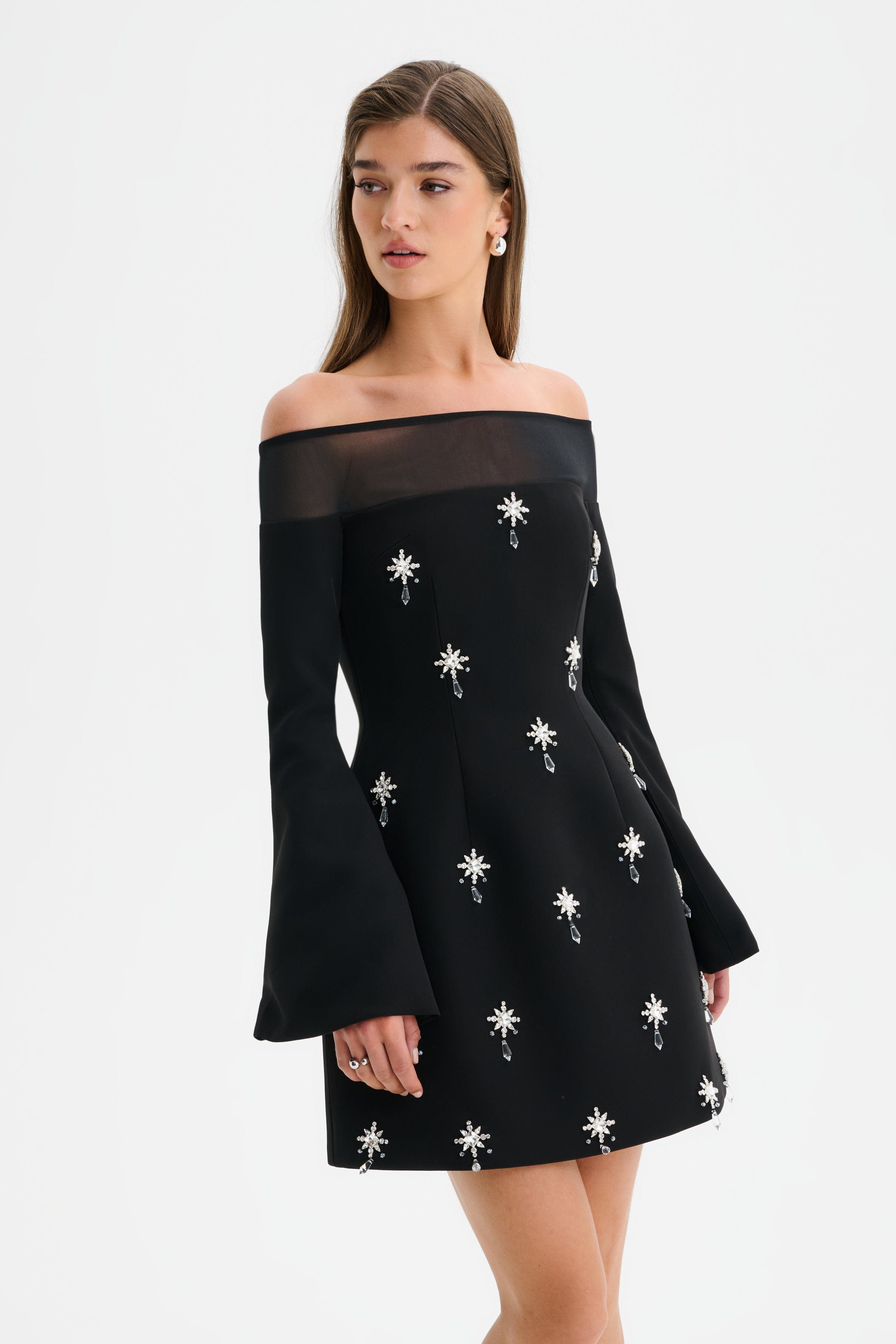 YASMIN Off Shoulder Embellished Tulip Dress with Sheer Detail in Black