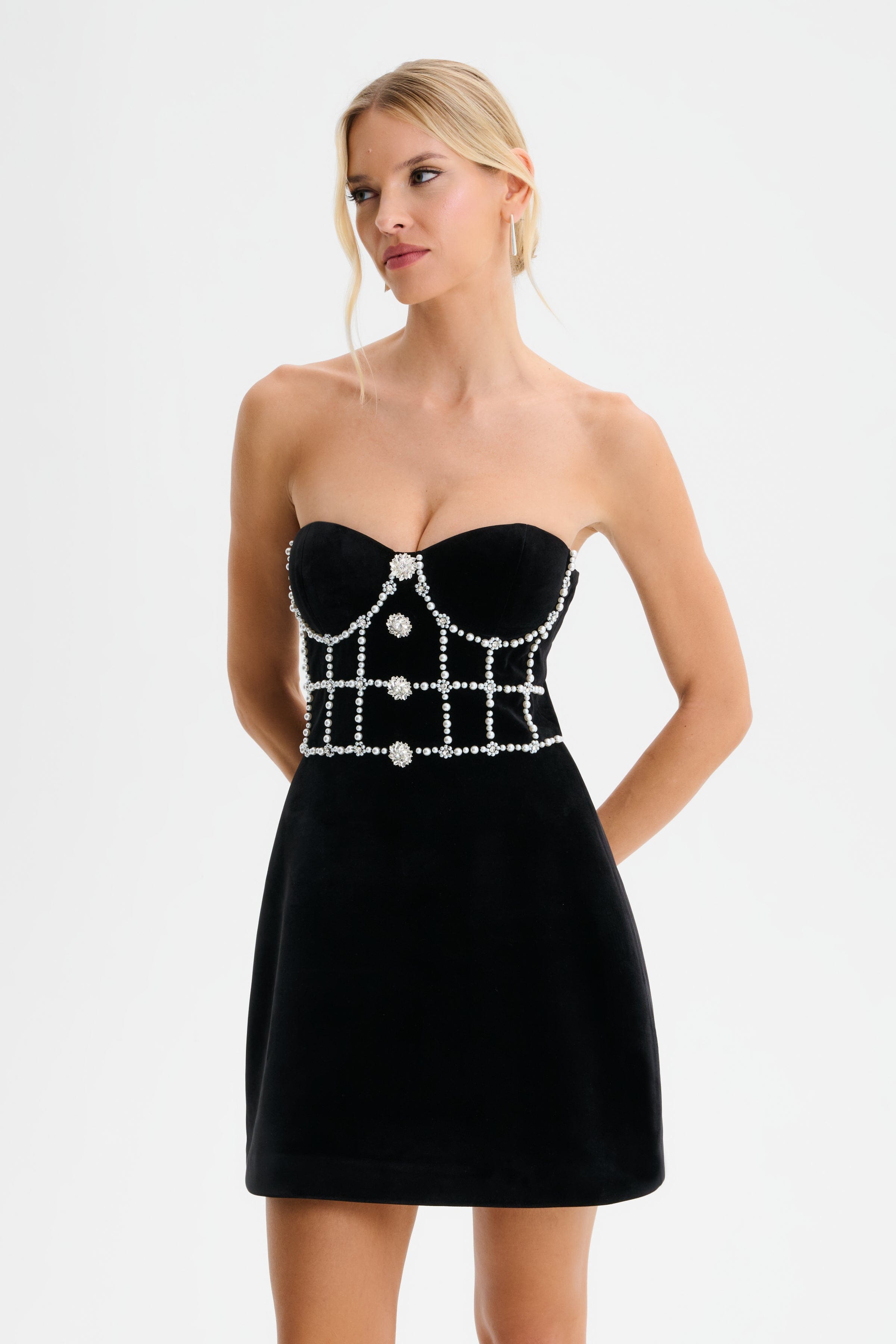 MASIE Pearl Embellished Velvet Tulip Dress with Lace Trim in Black