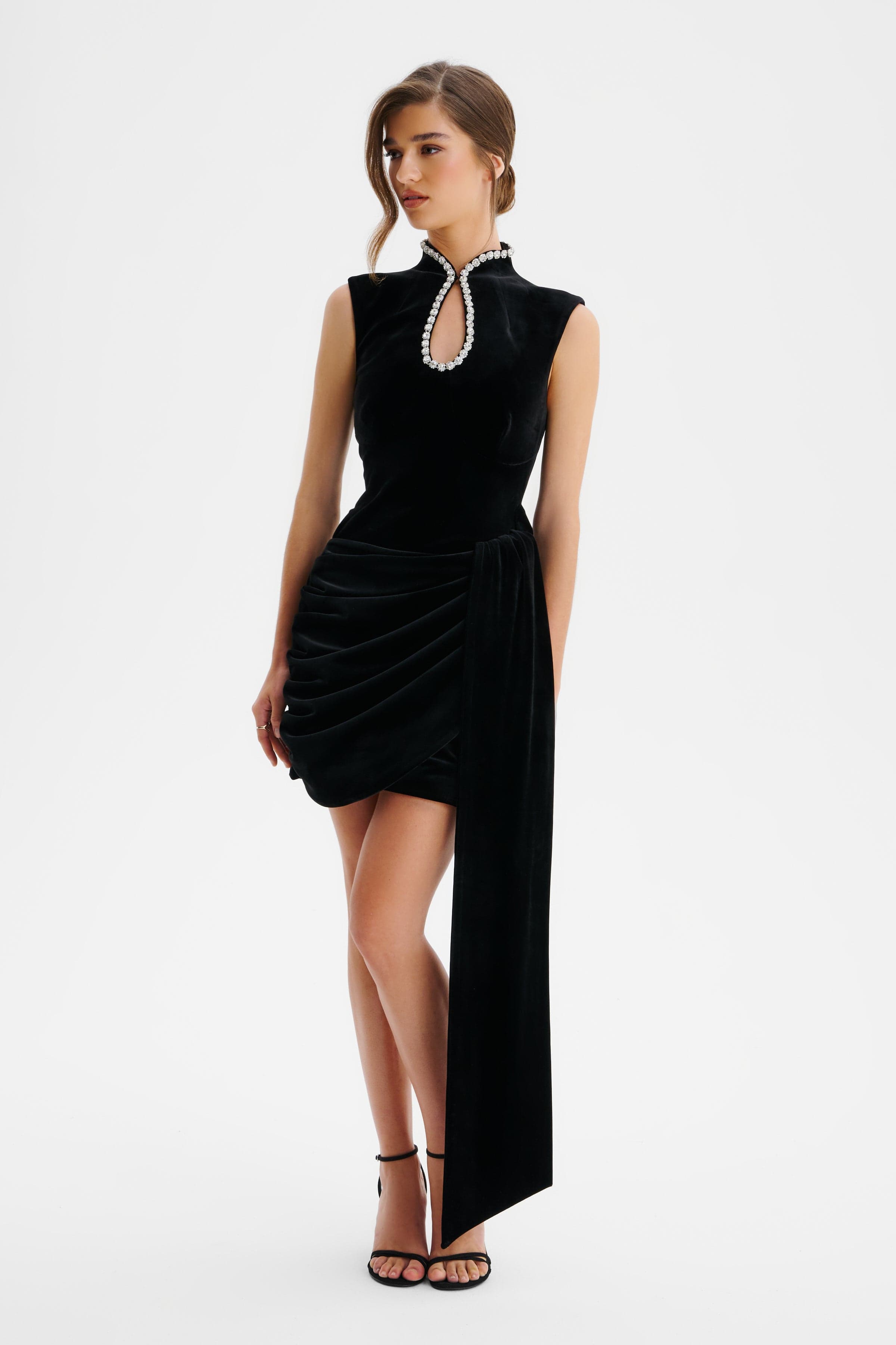 CELINA Diamante Embellished High Neck Mini Dress In Black