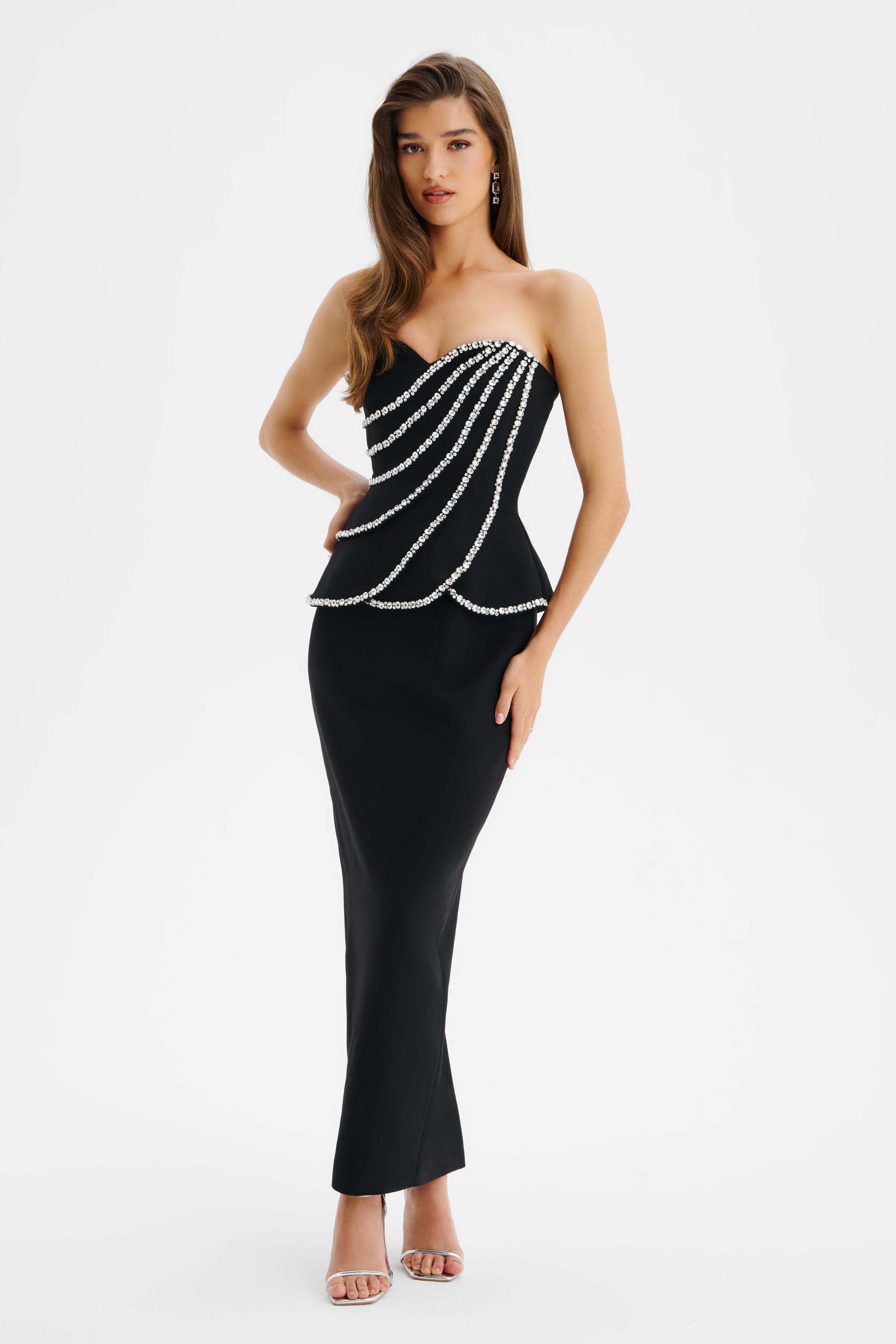CELESTINE Diamante Embellished Scallop Peplum Midi Dress In Black