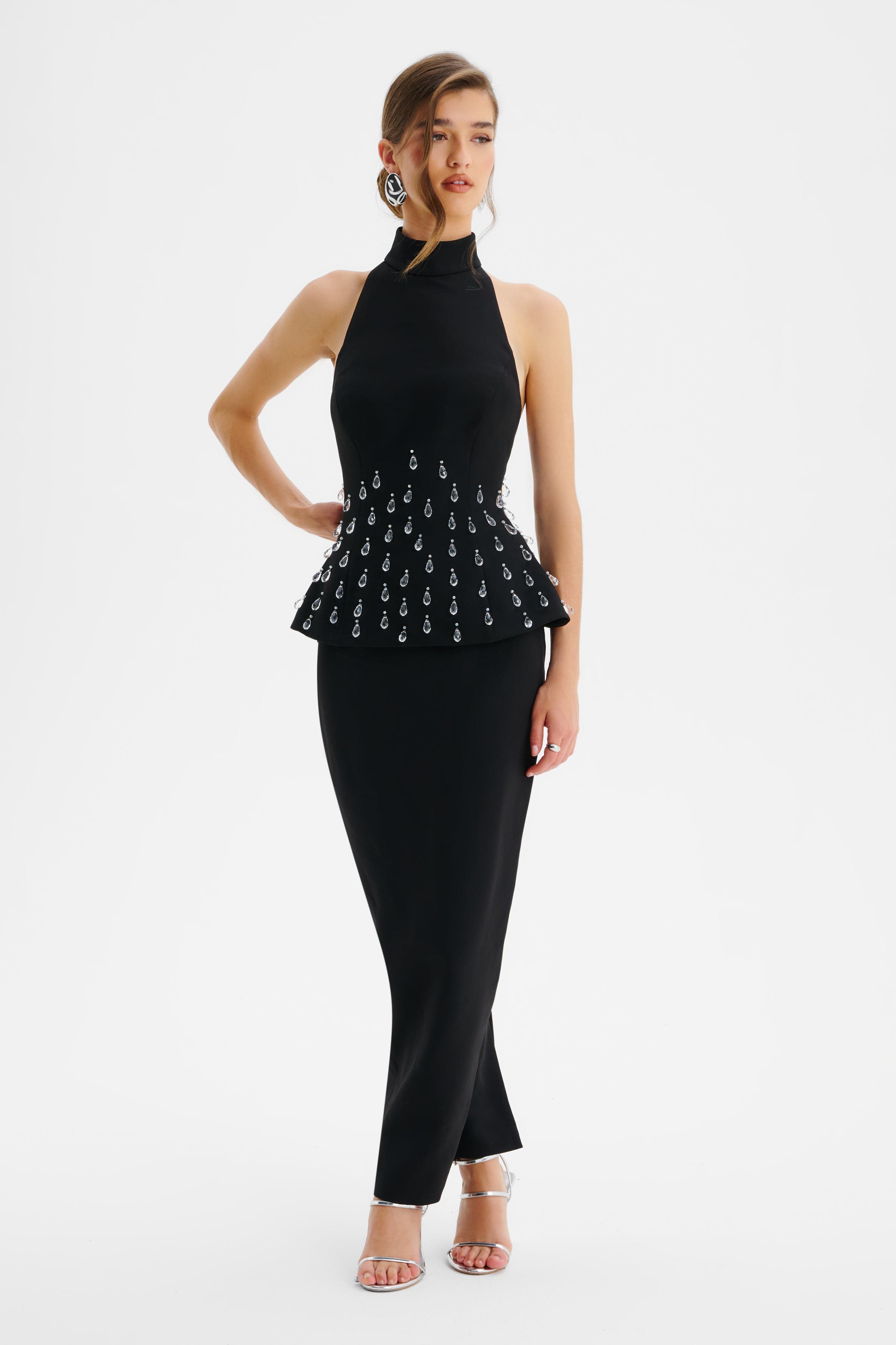 VALENTINA High Neck Crystal Embellished Peplum Maxi Dress In Black