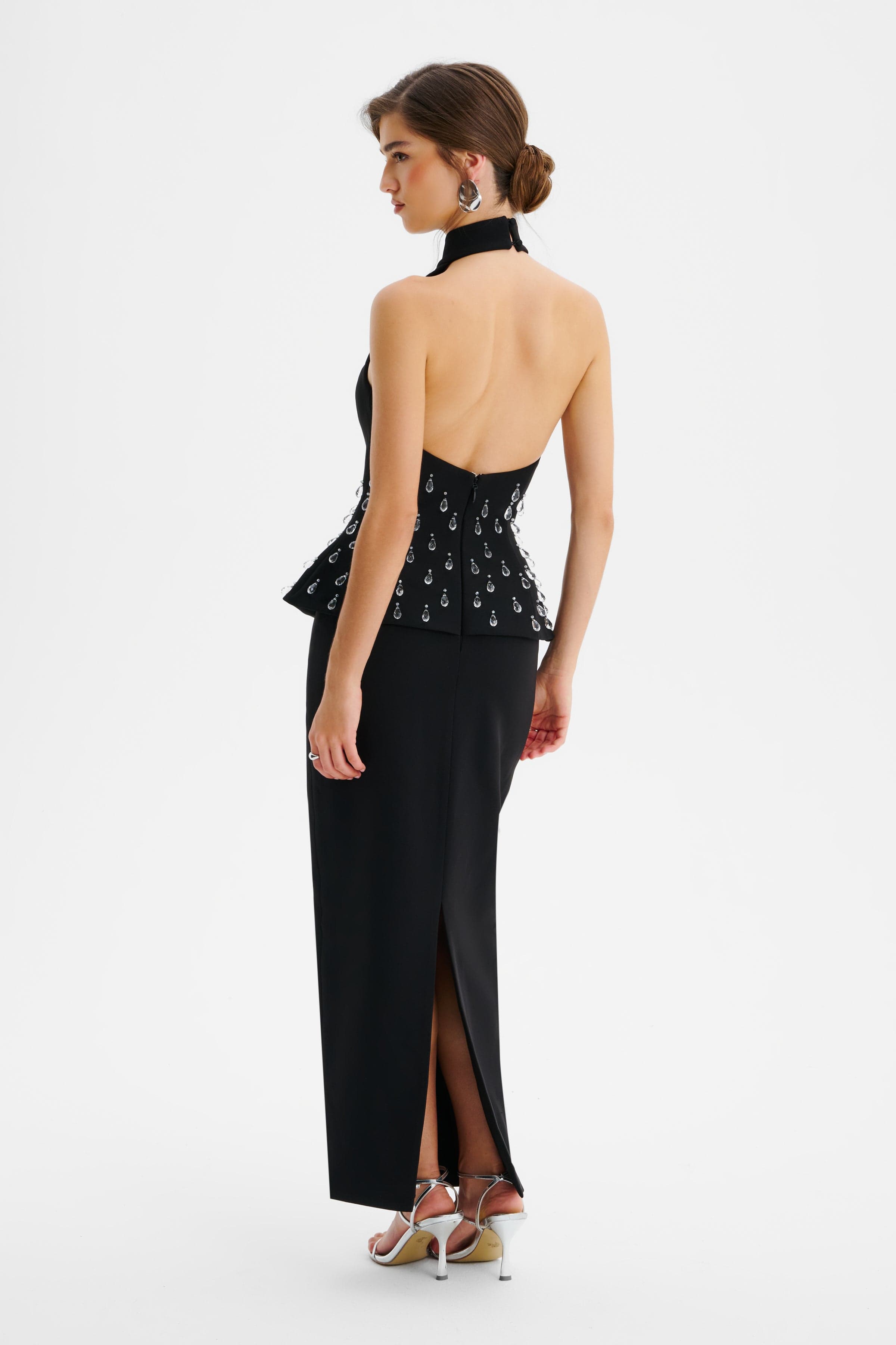 VALENTINA High Neck Crystal Embellished Peplum Maxi Dress In Black