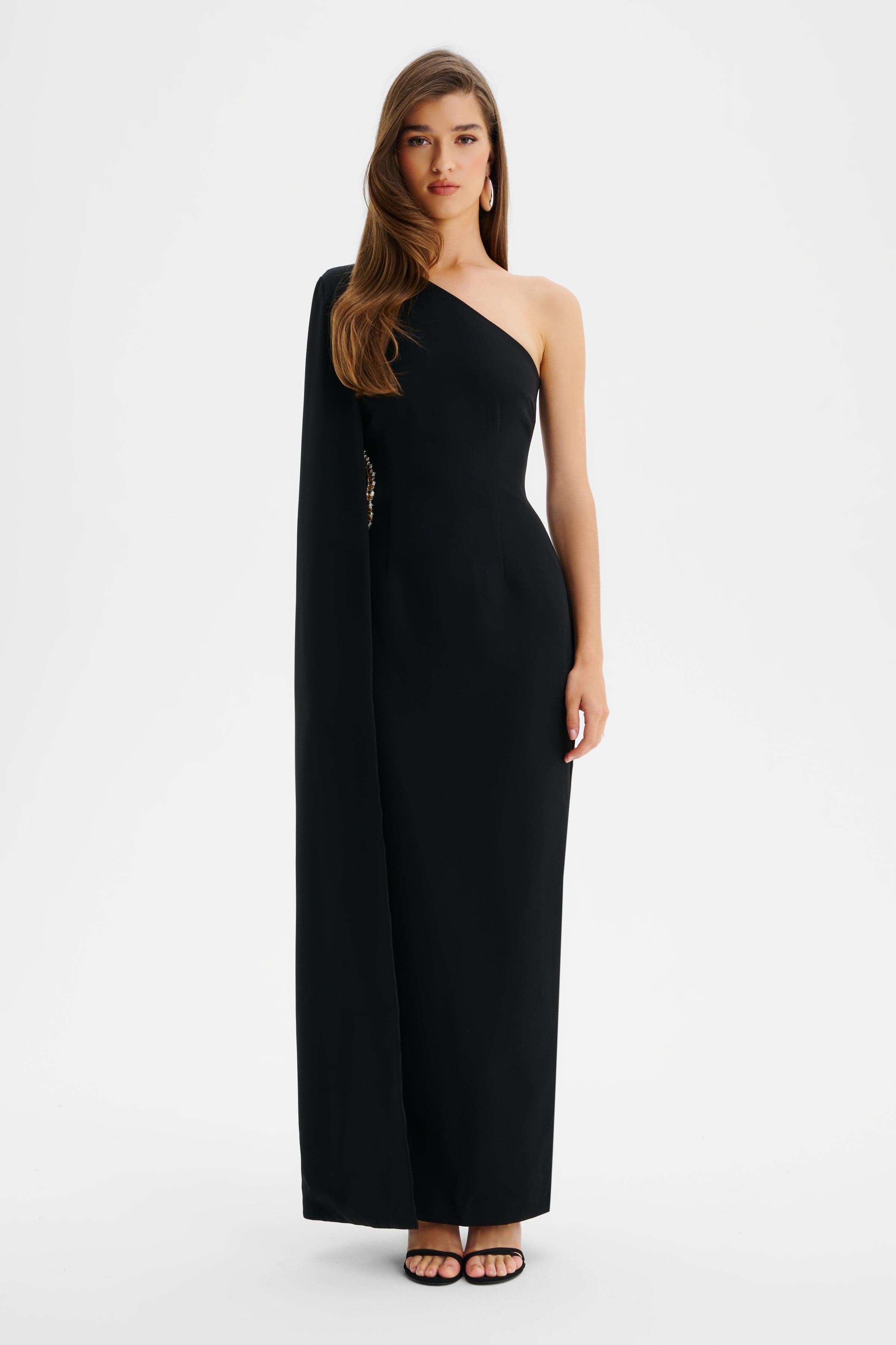 VIVIANA Asymmetric Embellished Cut Out Maxi Cape Dress In Black