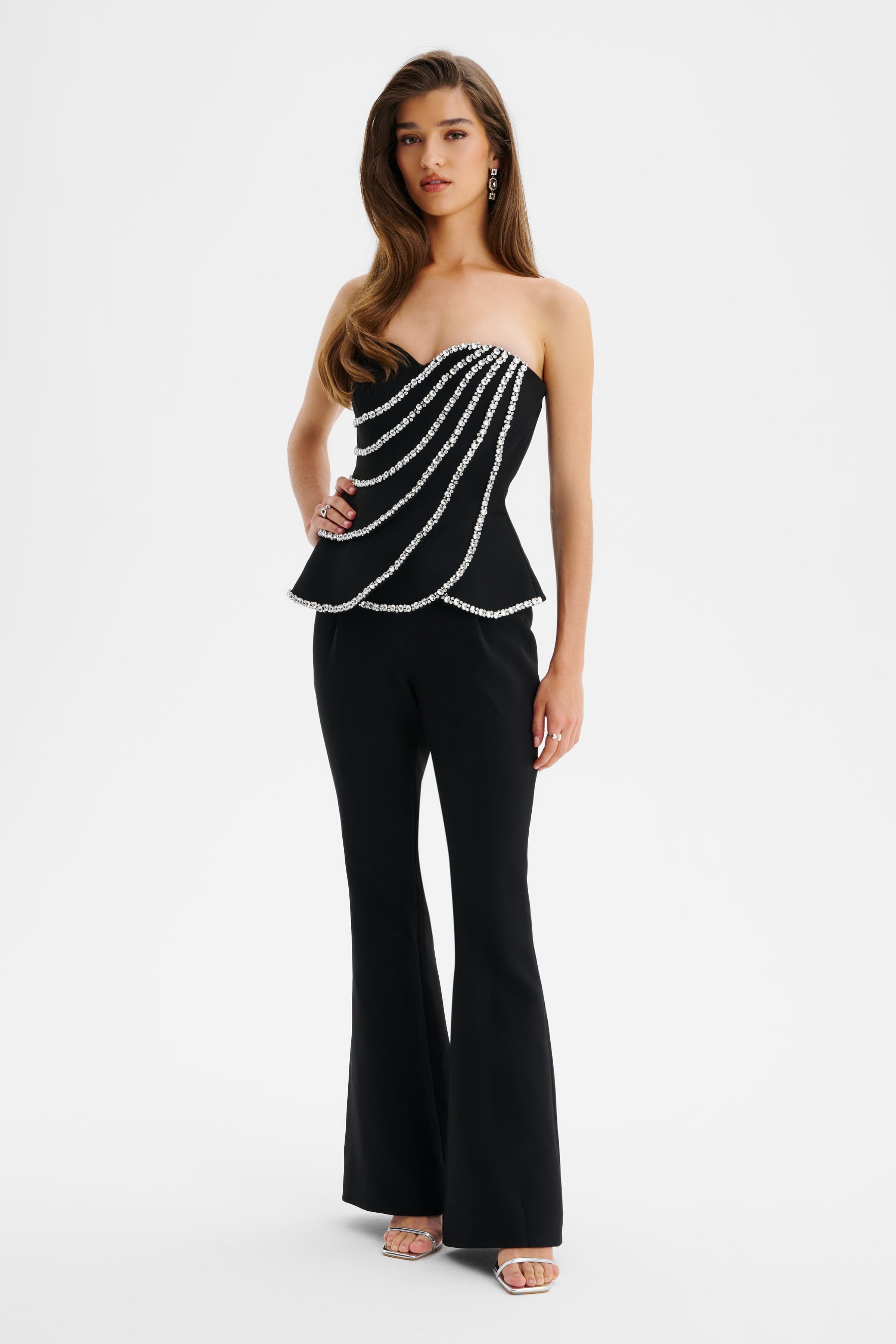 LEONORA Diamante Embellished Scallop Peplum Jumpsuit In Black