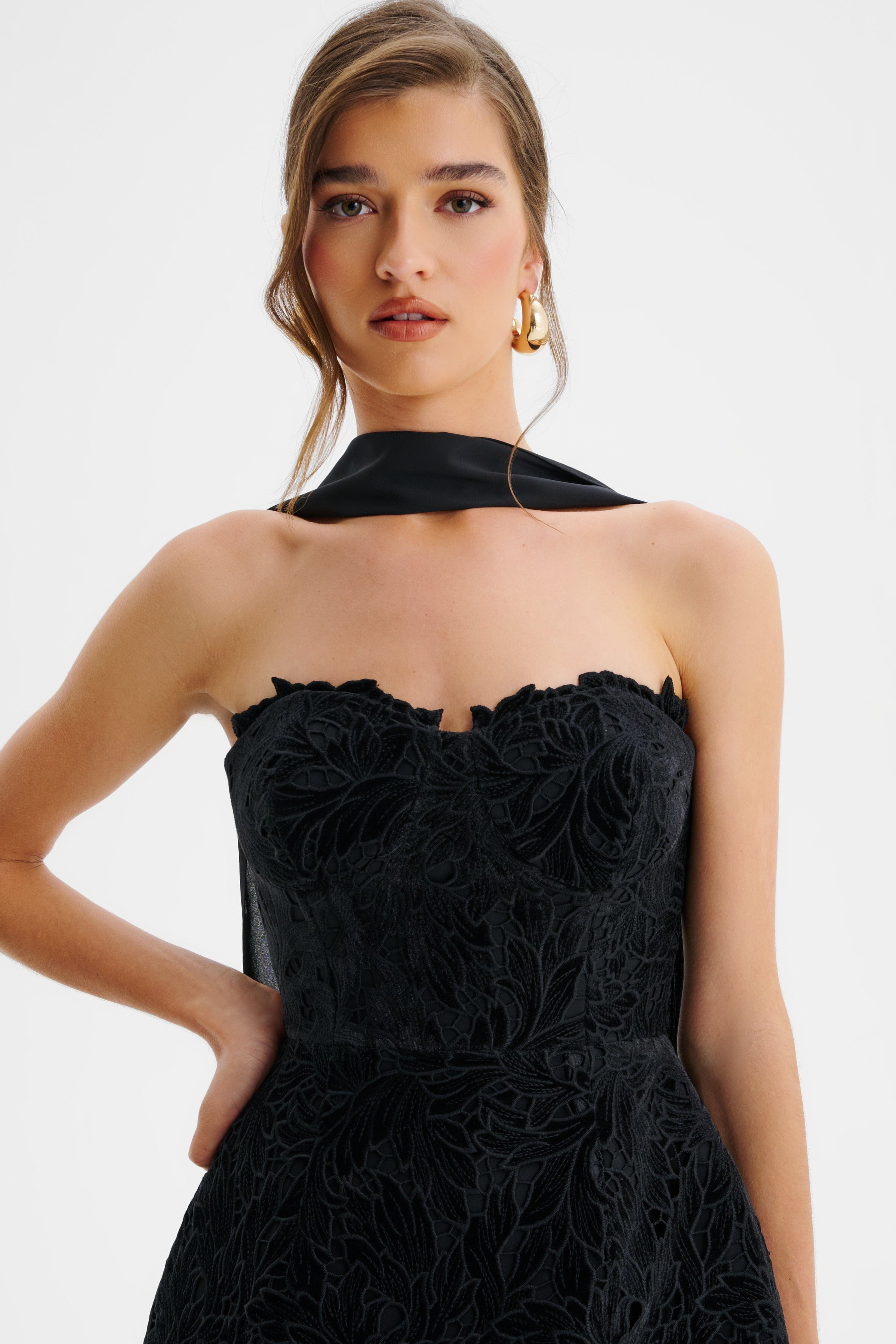 PALOMA Velvet Guipure Lace Corset Mini Dress In Black