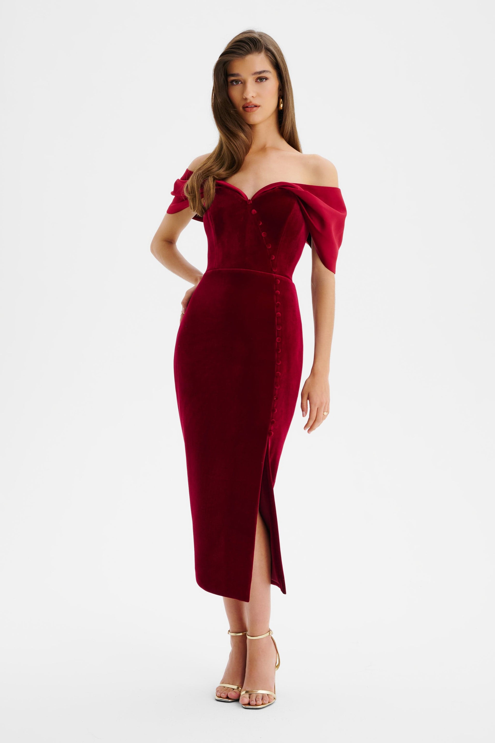 bardot brooklyn velour midi dress NOELLE Velvet Satin Mix Bardot Midi Dress In Burgundy