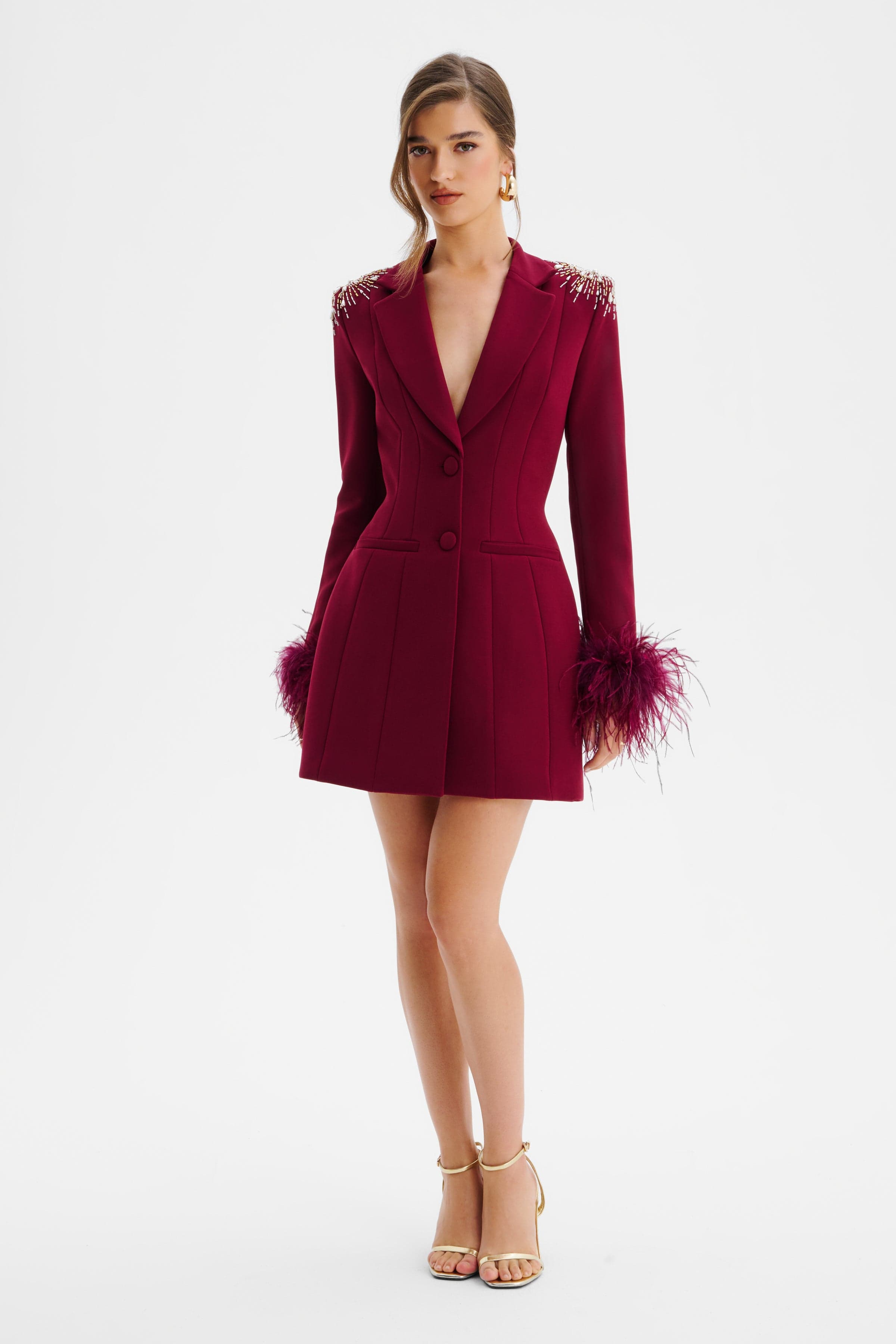 SABRINA Star Hand Embellished Blazer Dress With Feather Cuffs In Burgundy
