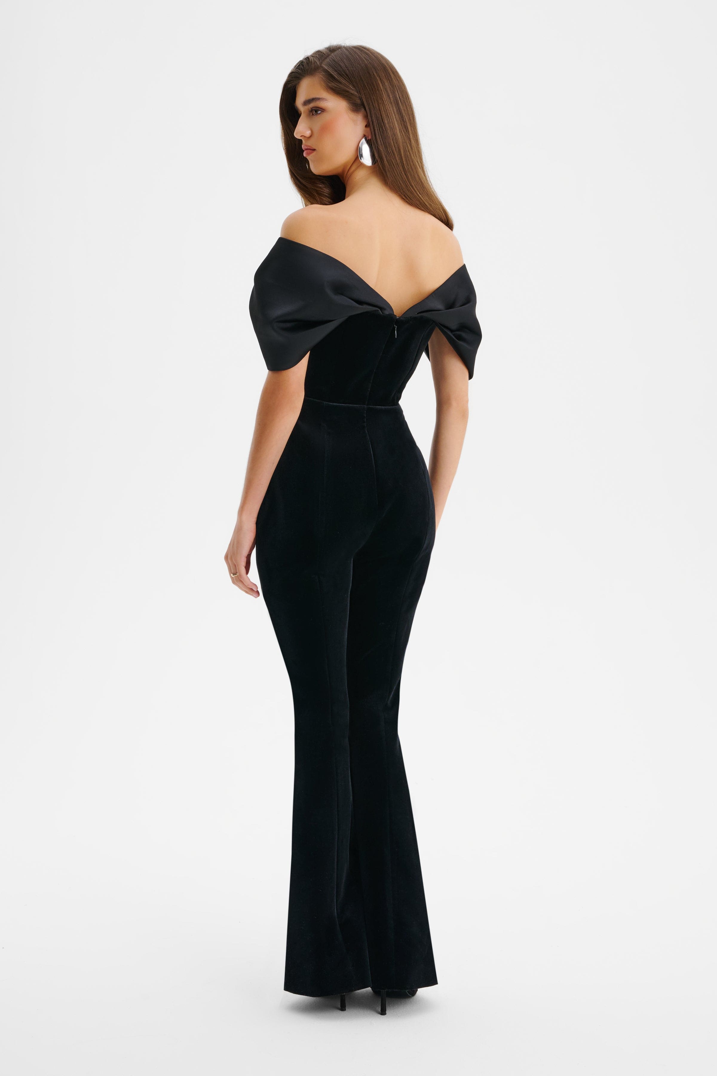 ANTONIA Velvet Satin Mix Bardot Jumpsuit In Black