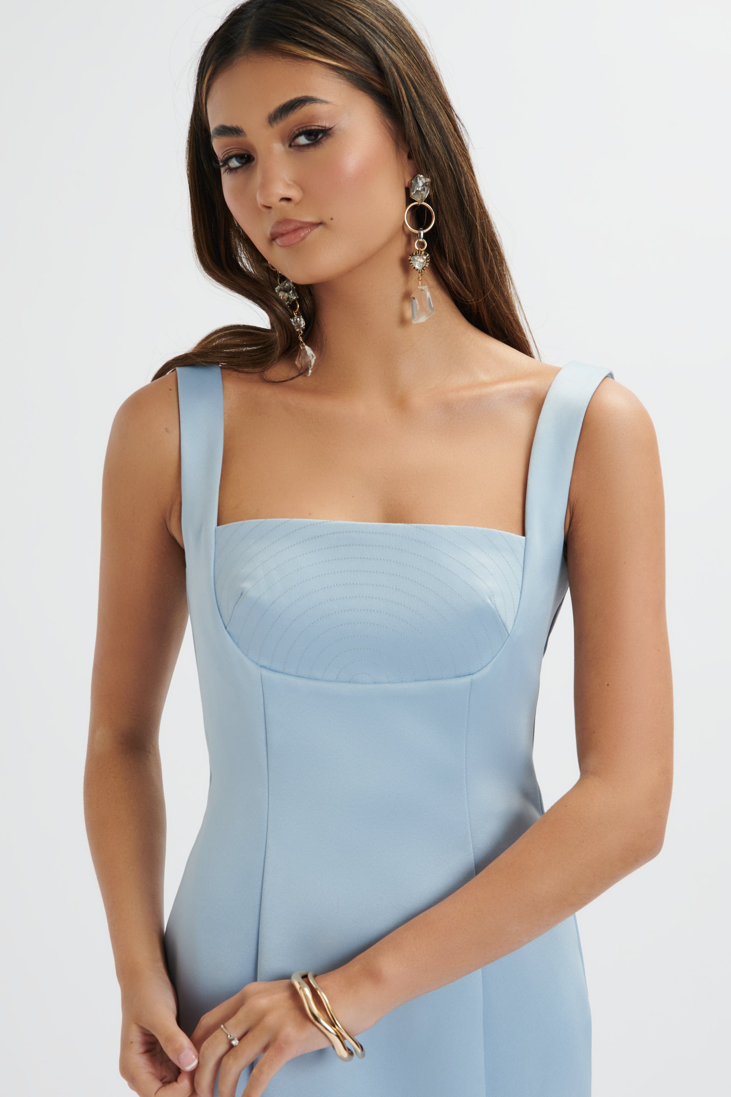 LAINEY Structured Satin Midi Slip Dress In Cornflower Blue