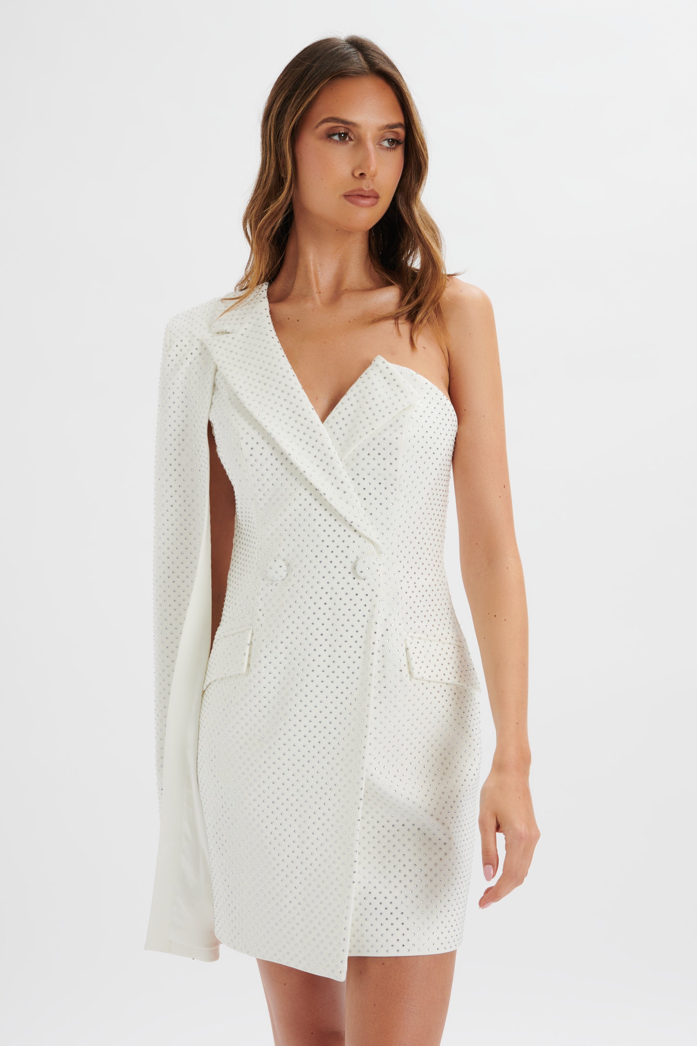 MARCY Crystal Embellished One Shoulder Cape Blazer Dress in White