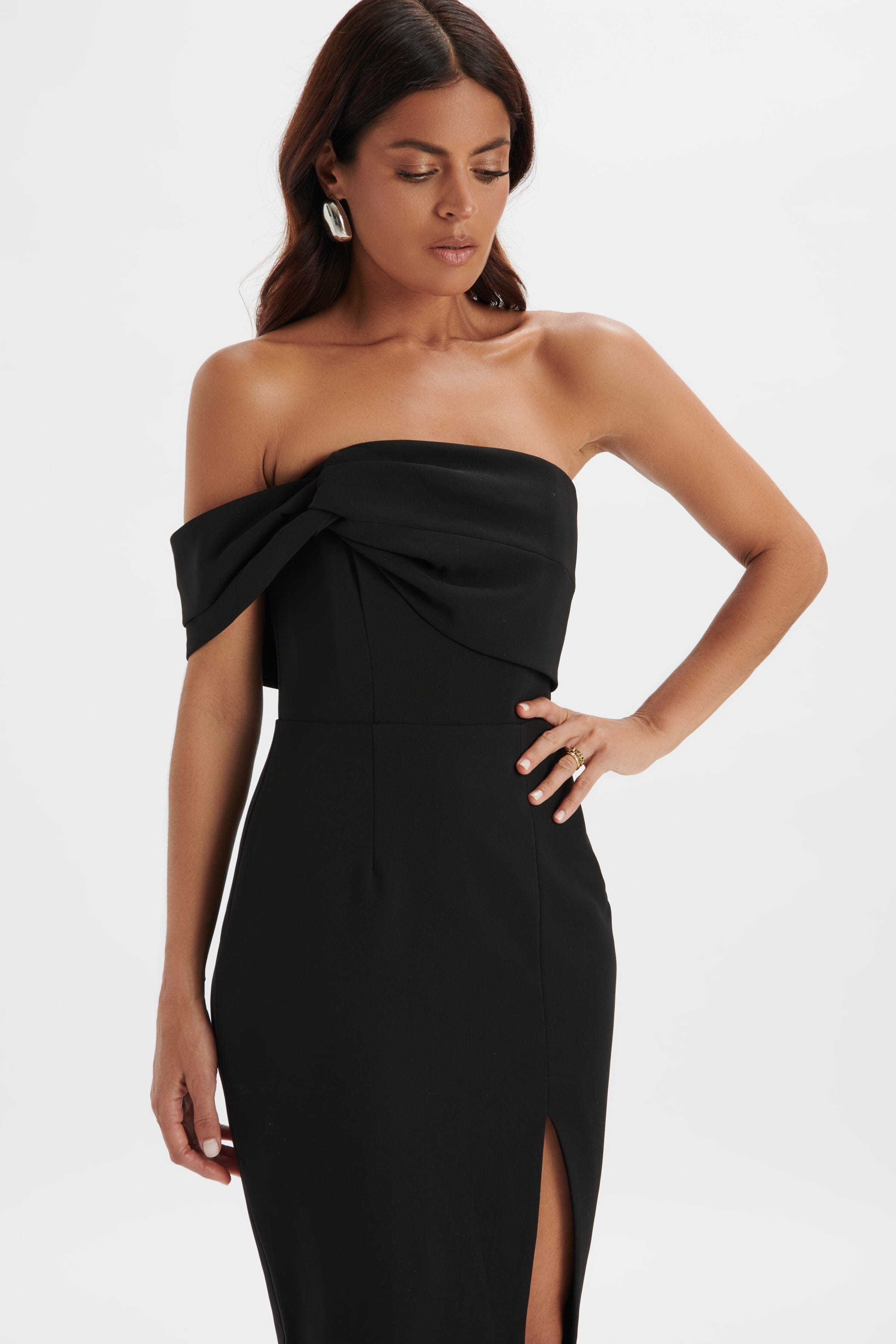 BRIE Bardot Knot Twisted One Shoulder Midi Dress in Black