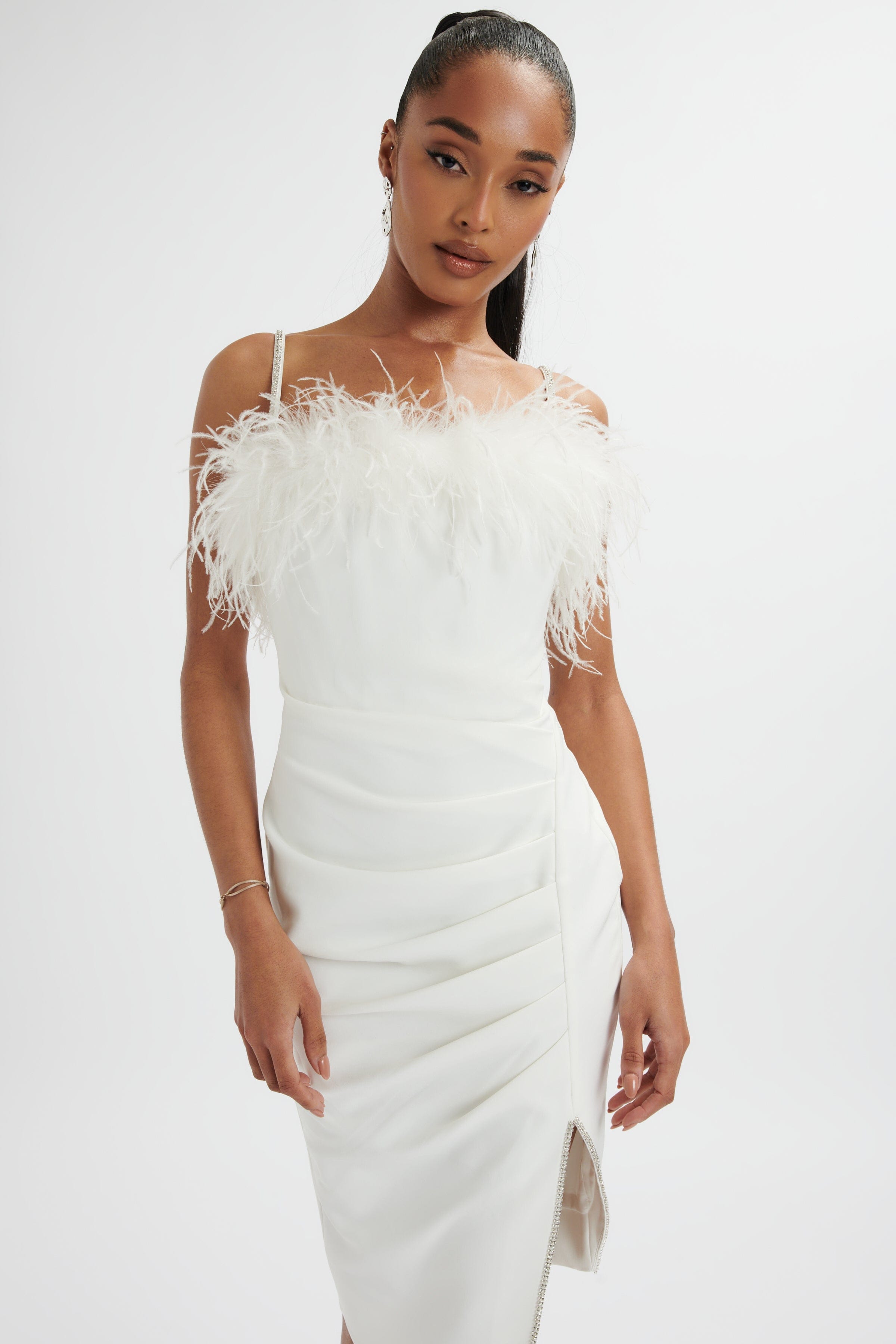 JESSICA Feather Bandeau Pleated Midi Dress In White