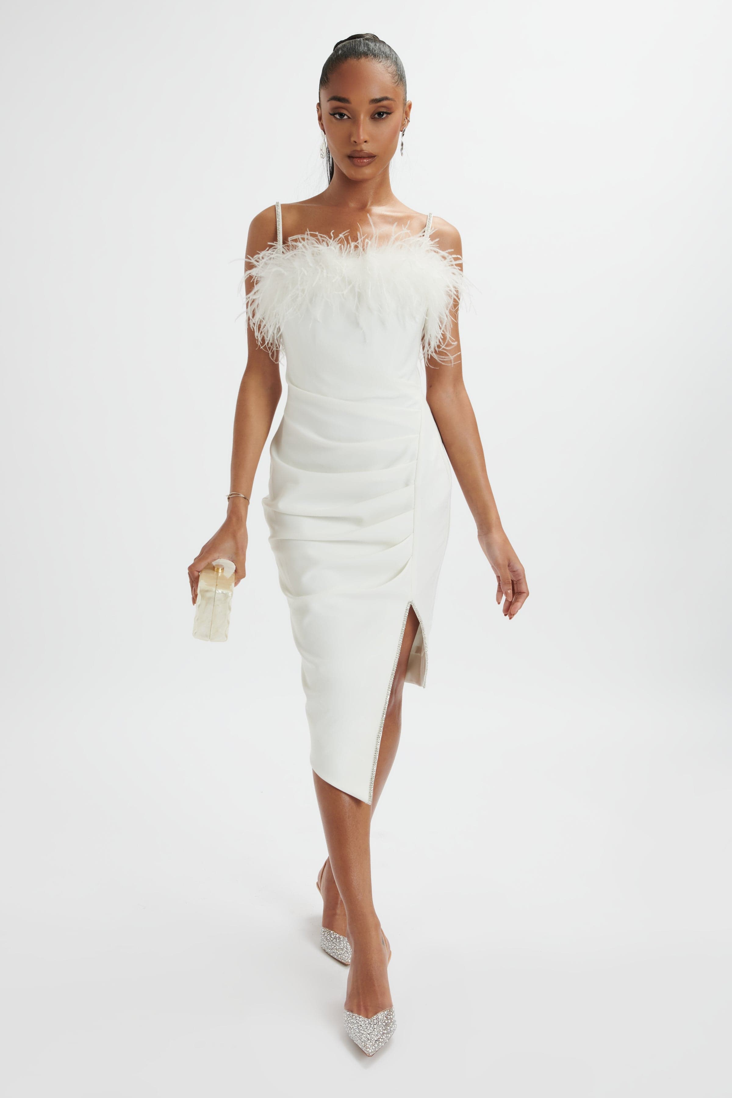 JESSICA Feather Bandeau Pleated Midi Dress In White