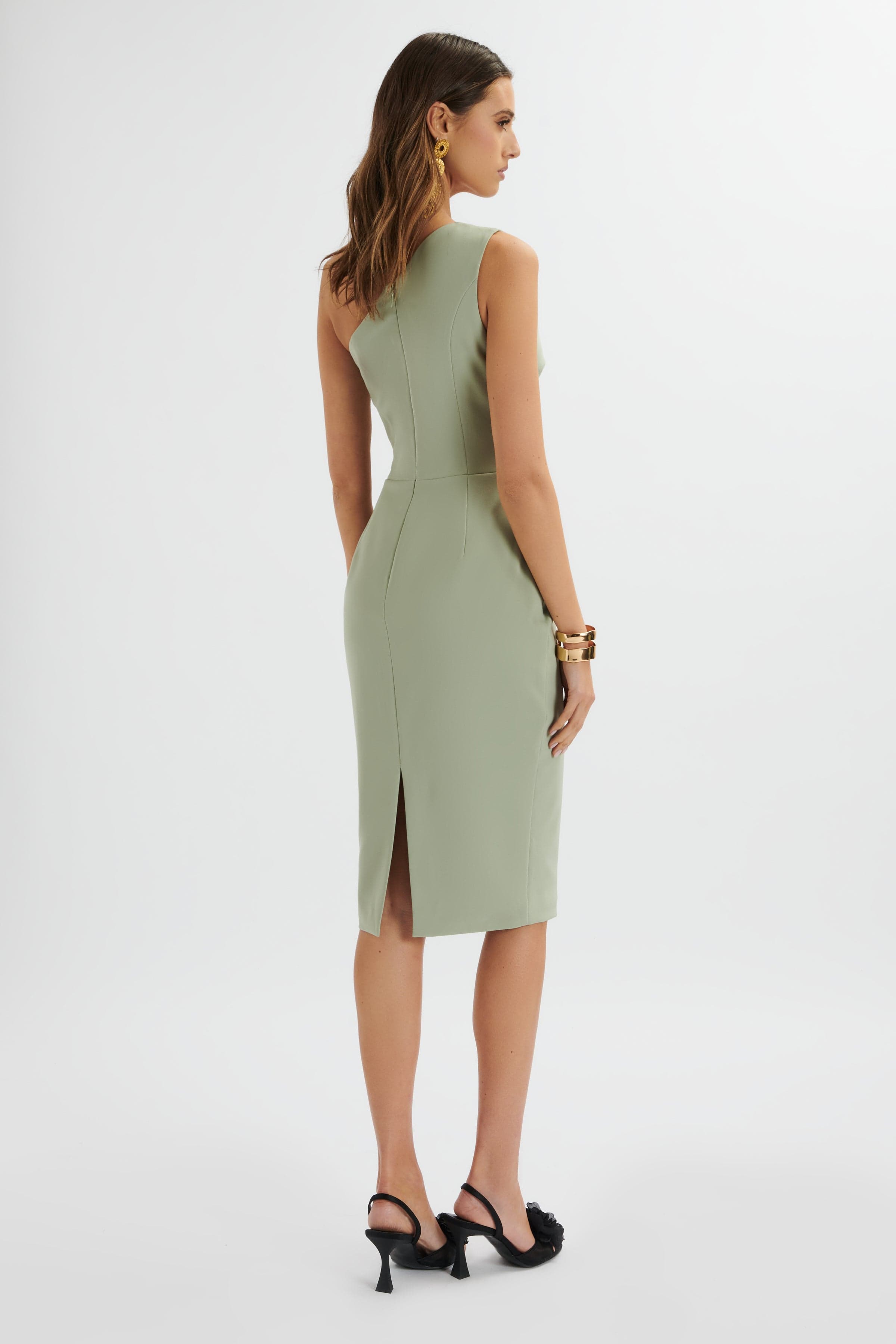 PANDORA Asymmetric Oversized Statement Bow Midi Dress In Sage Green