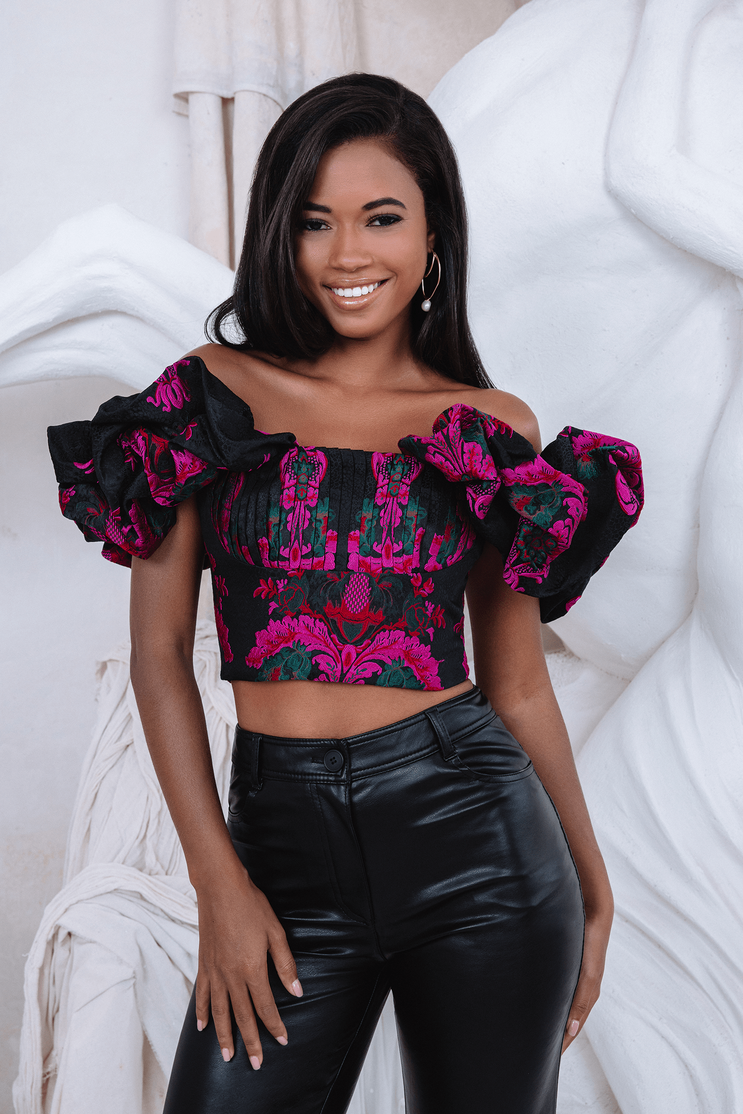 MARA Jacquard Puff Sleeve Corset Top in Black & Purple