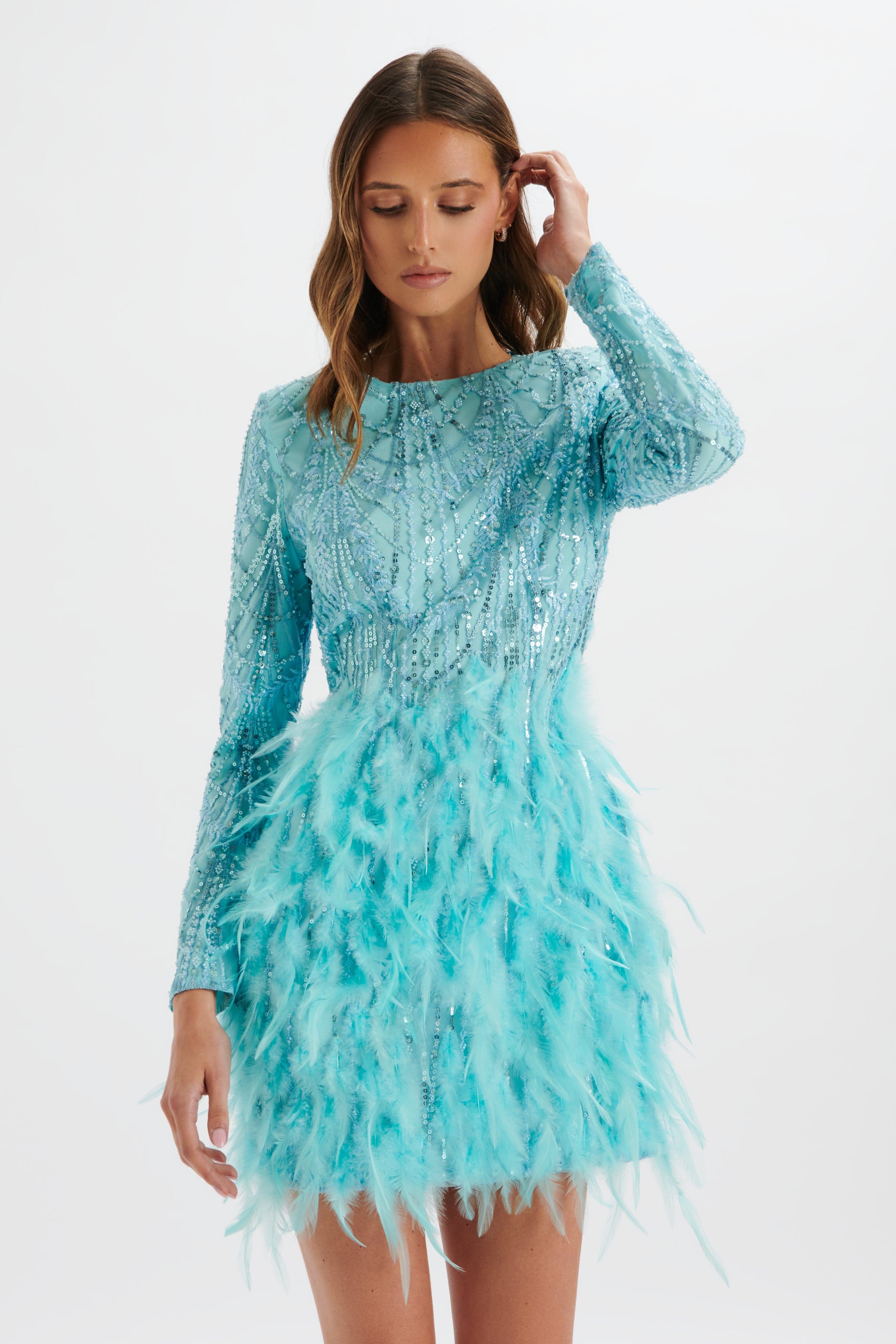 SELENE Embellished Feather Mini Dress in Blue