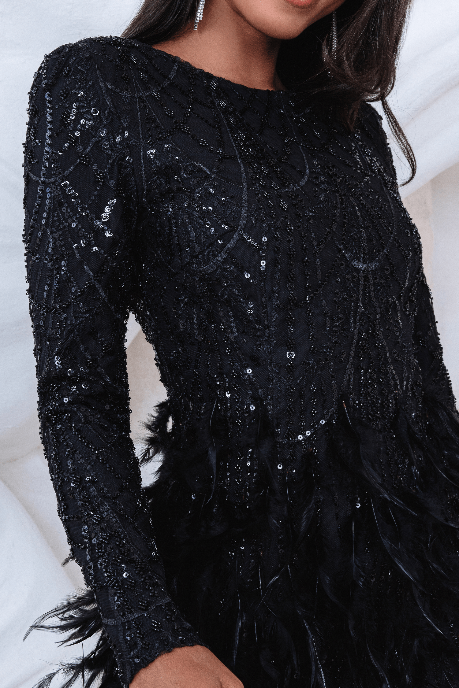 SELENE Embellished Luxury Feather Beaded Mini Dress in Black