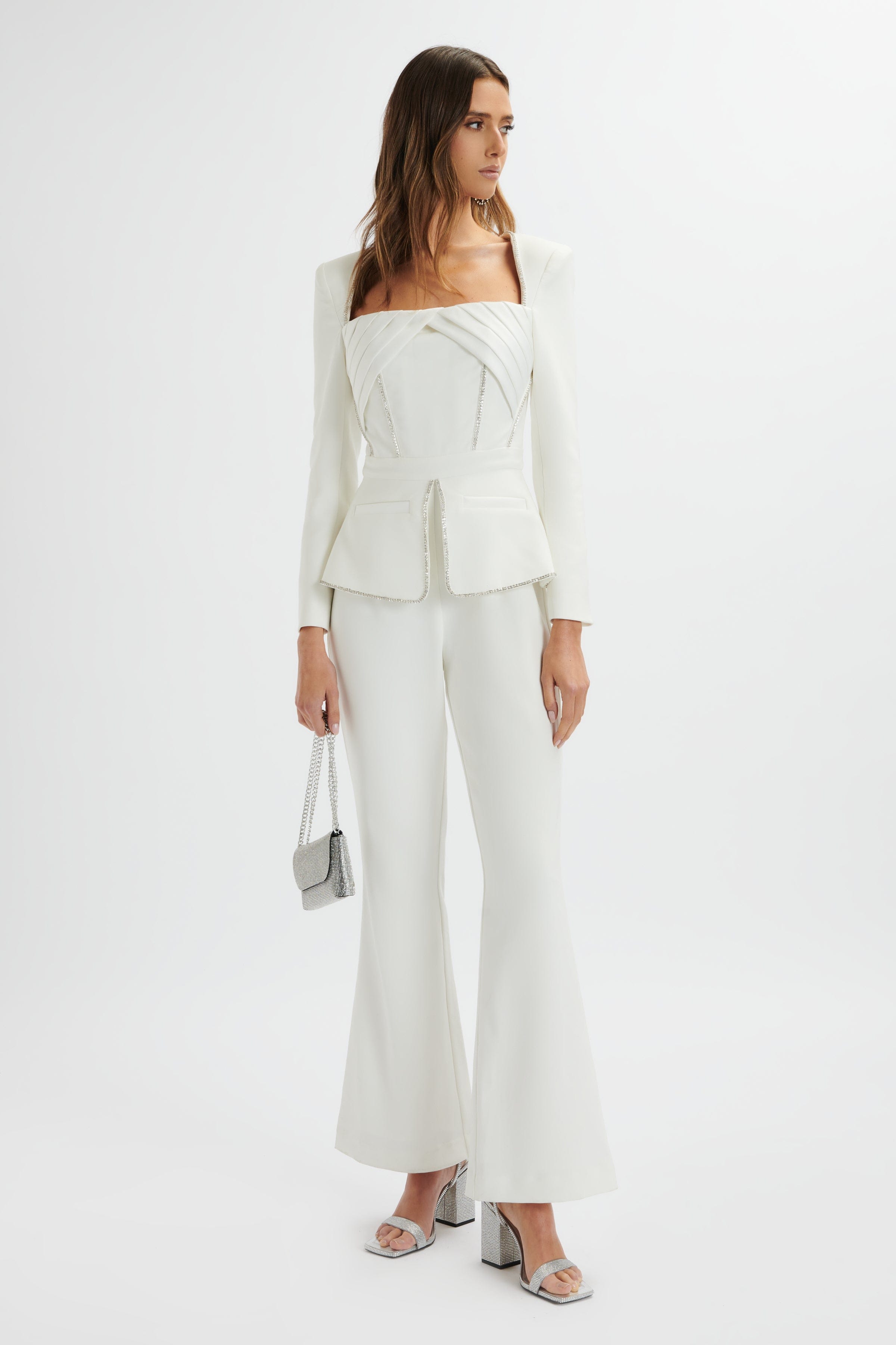 JESSIE Diamante Trim Tailored Jumpsuit In White