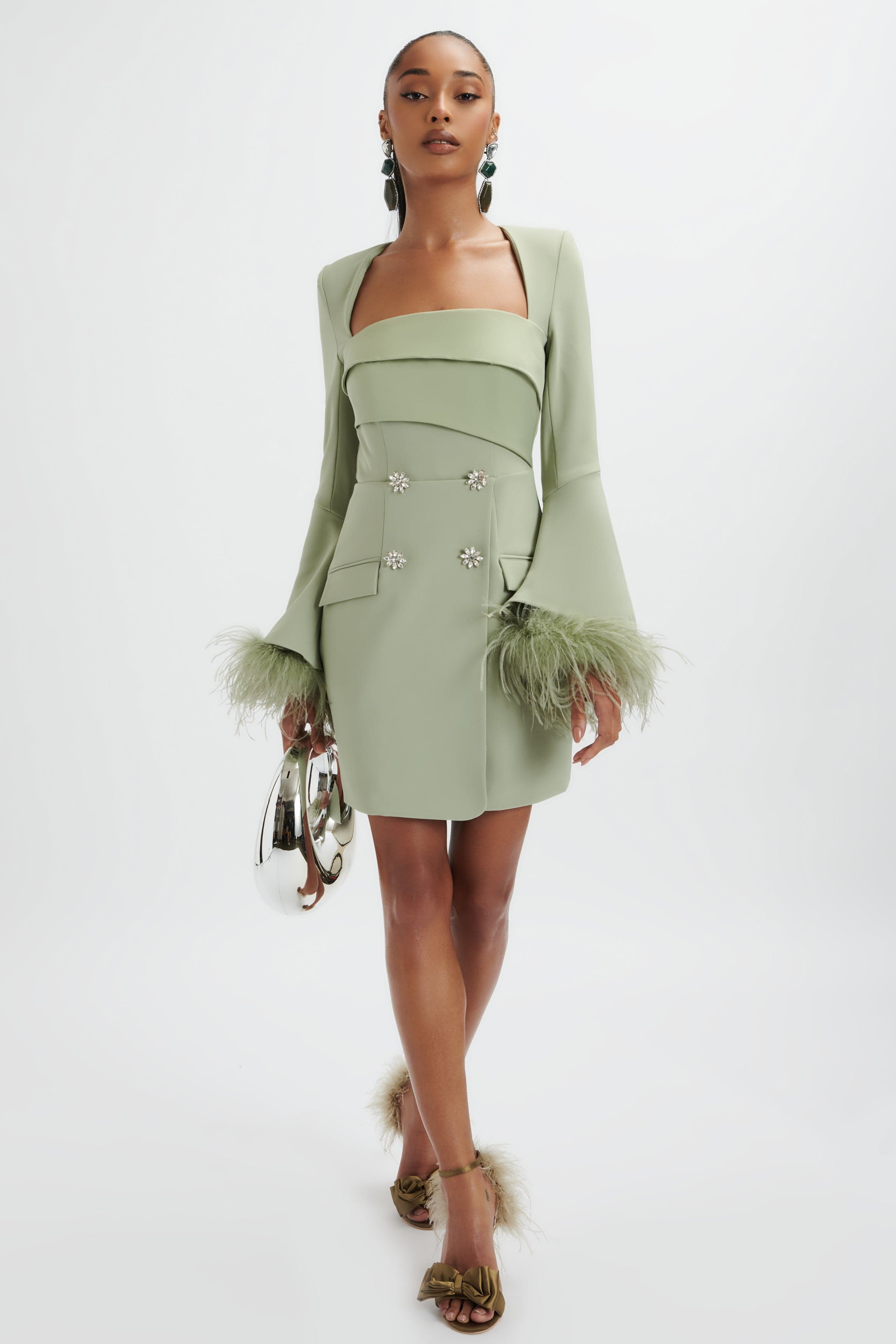 IONA Fluted Feather Sleeve Blazer Dress In Sage Green