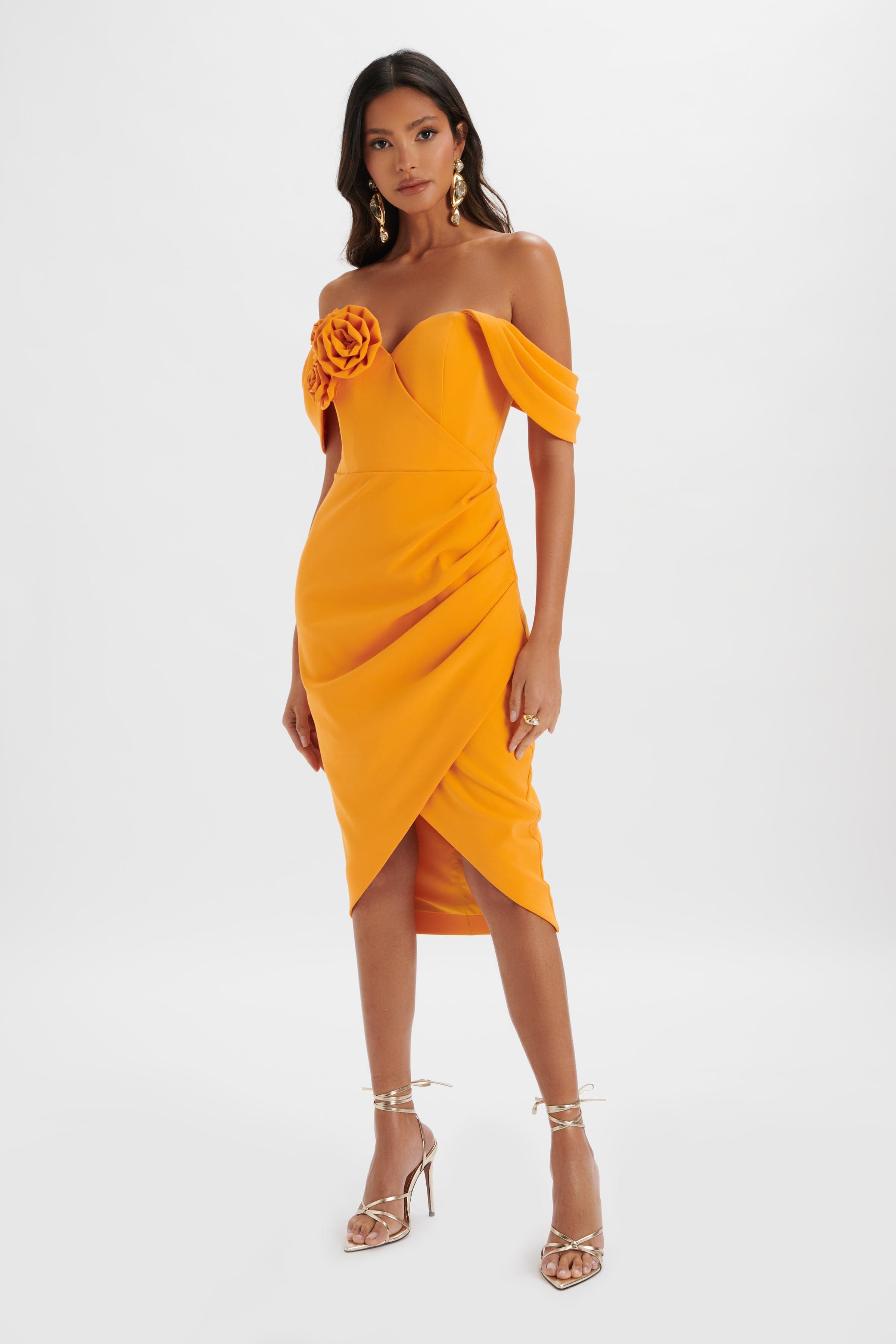 ZAMIRA 3D Flower Detail Off Shoulder Midi Dress in Orange