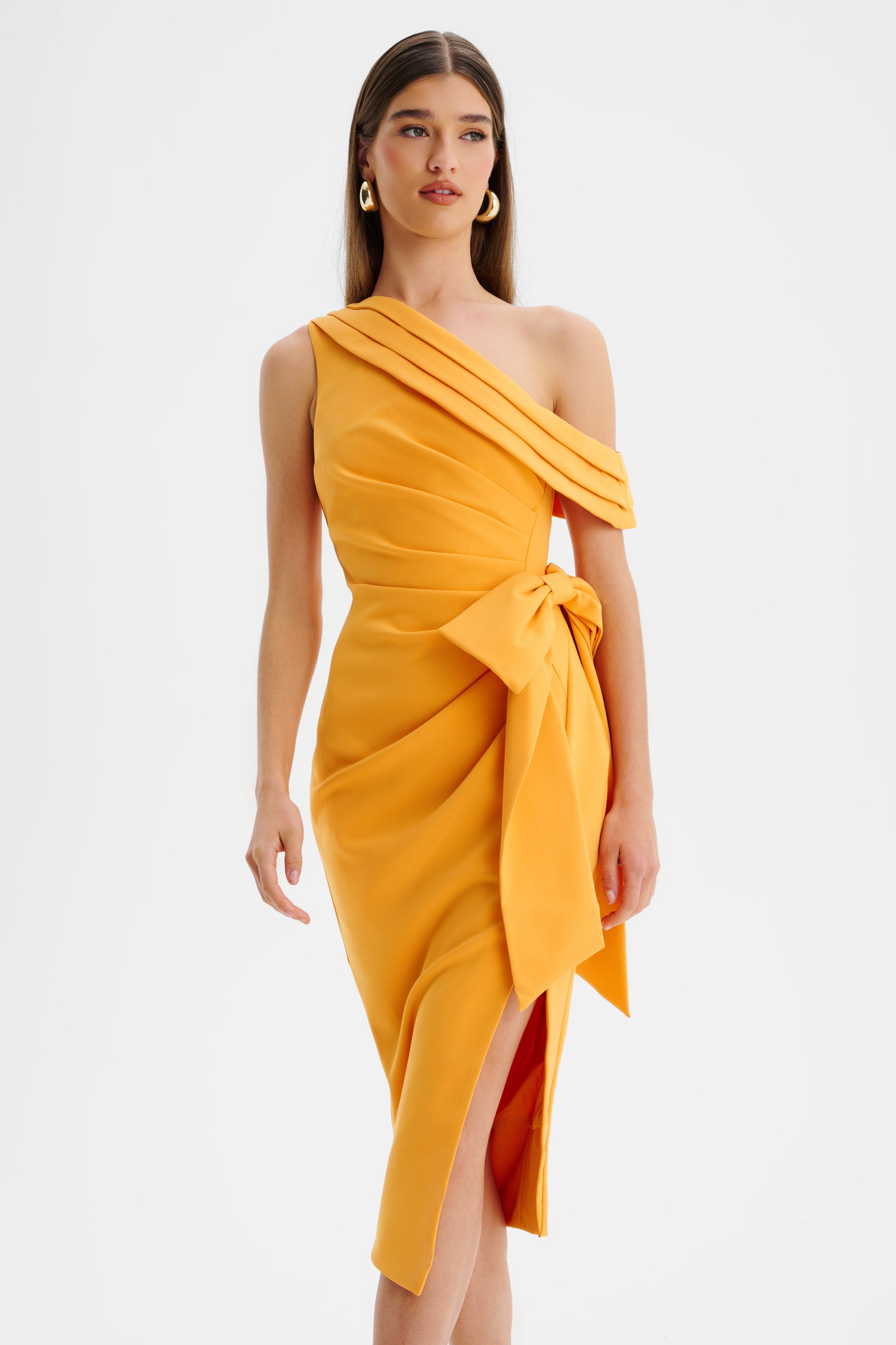 HONEY One Shoulder Pleated Bow Midi Dress in Orange