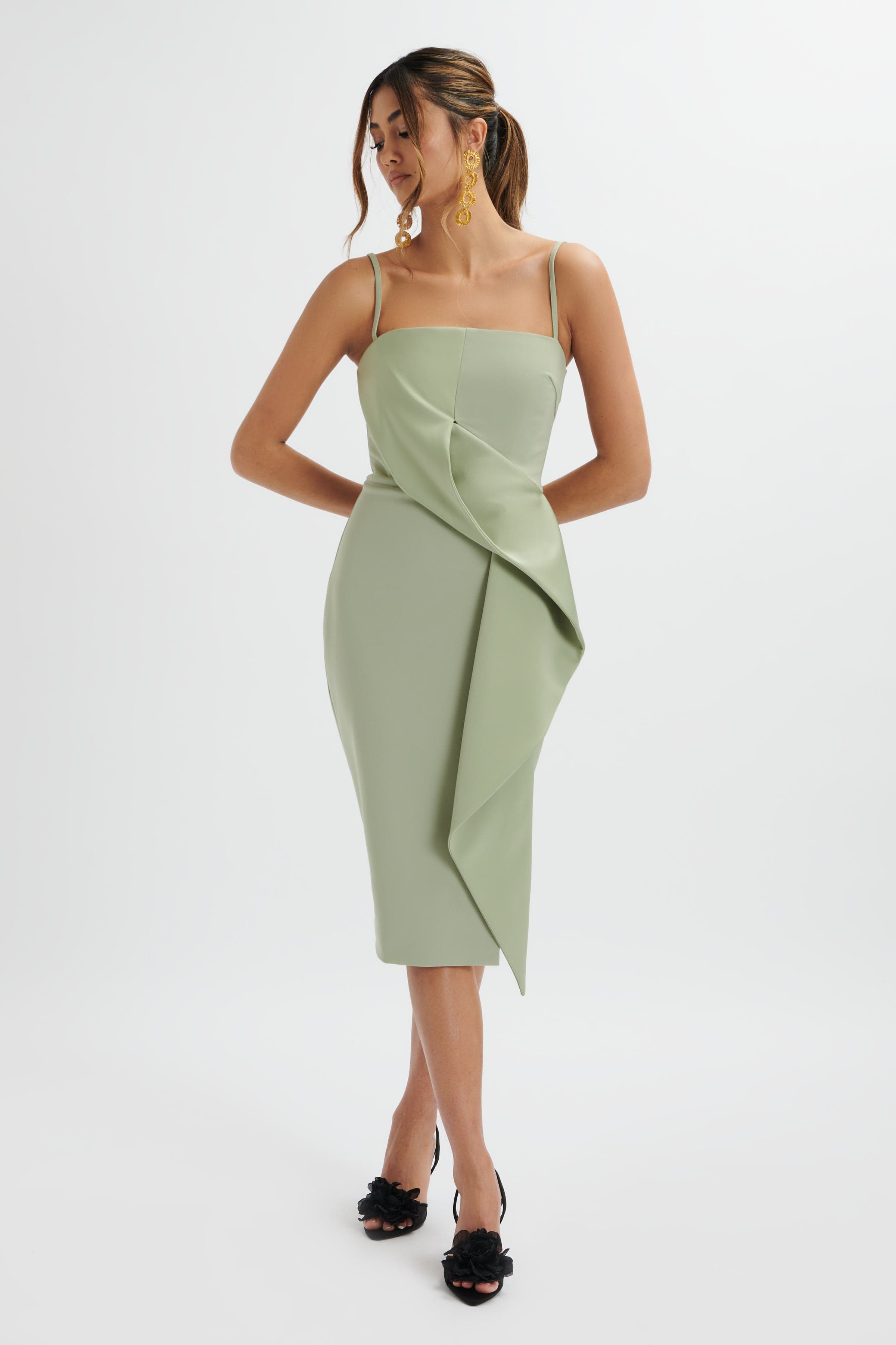 BONNIE Waterfall Frill Midi Dress In Sage Green