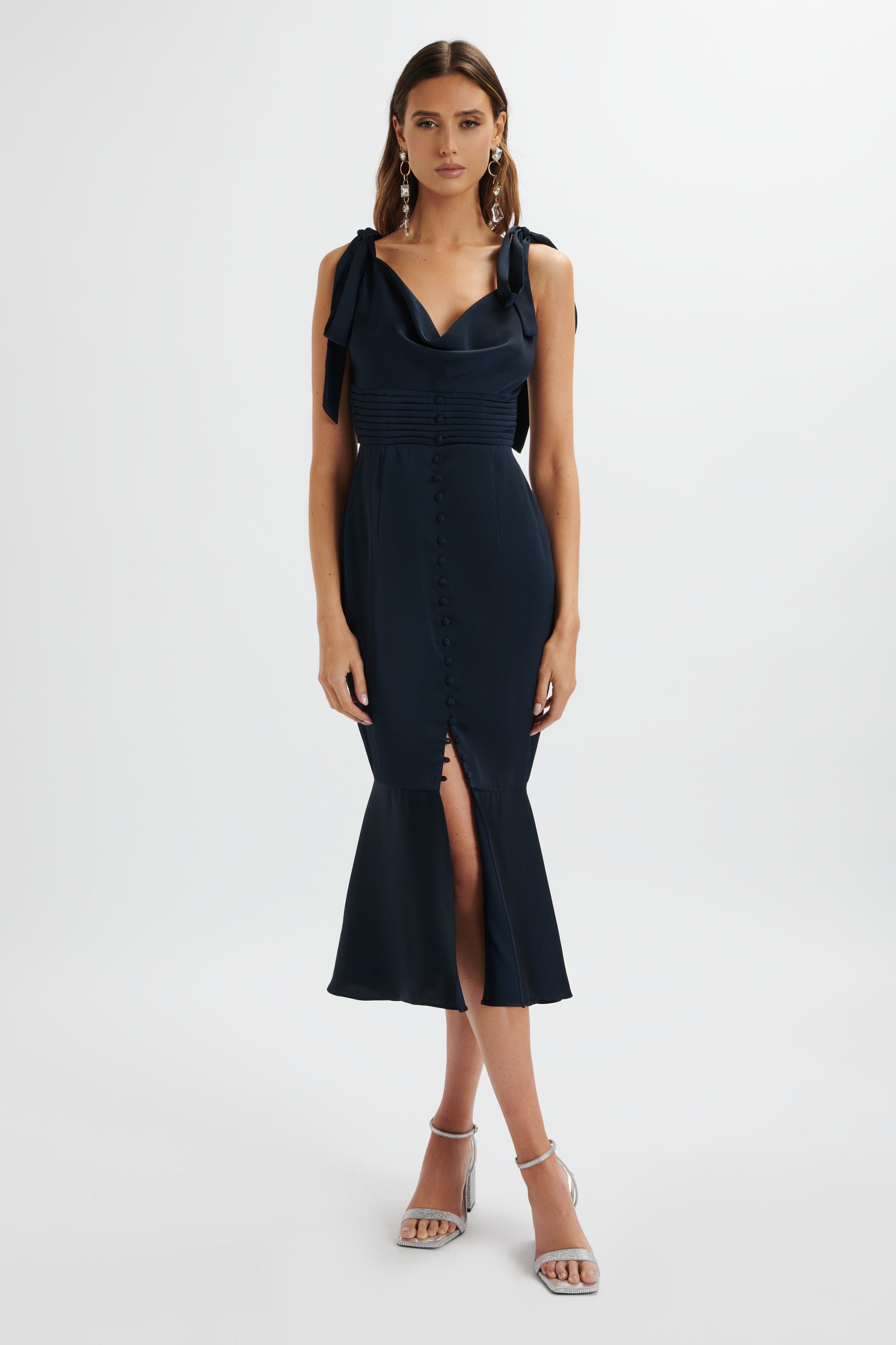 INDIE Satin Cowl Neck Micro Button Longline Midi Dress In Navy