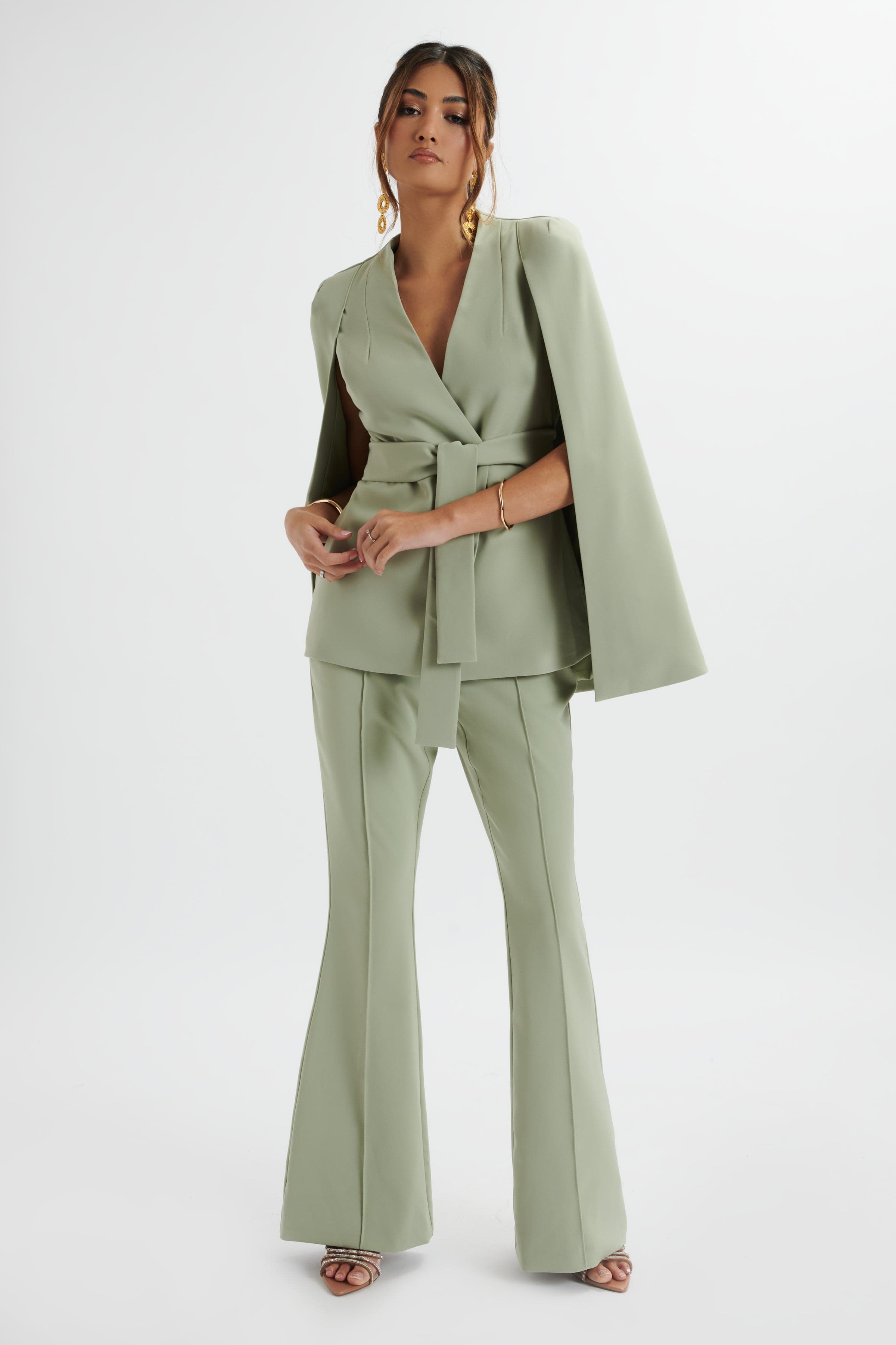 EMELIE Fit & Flare Trousers In Sage Green