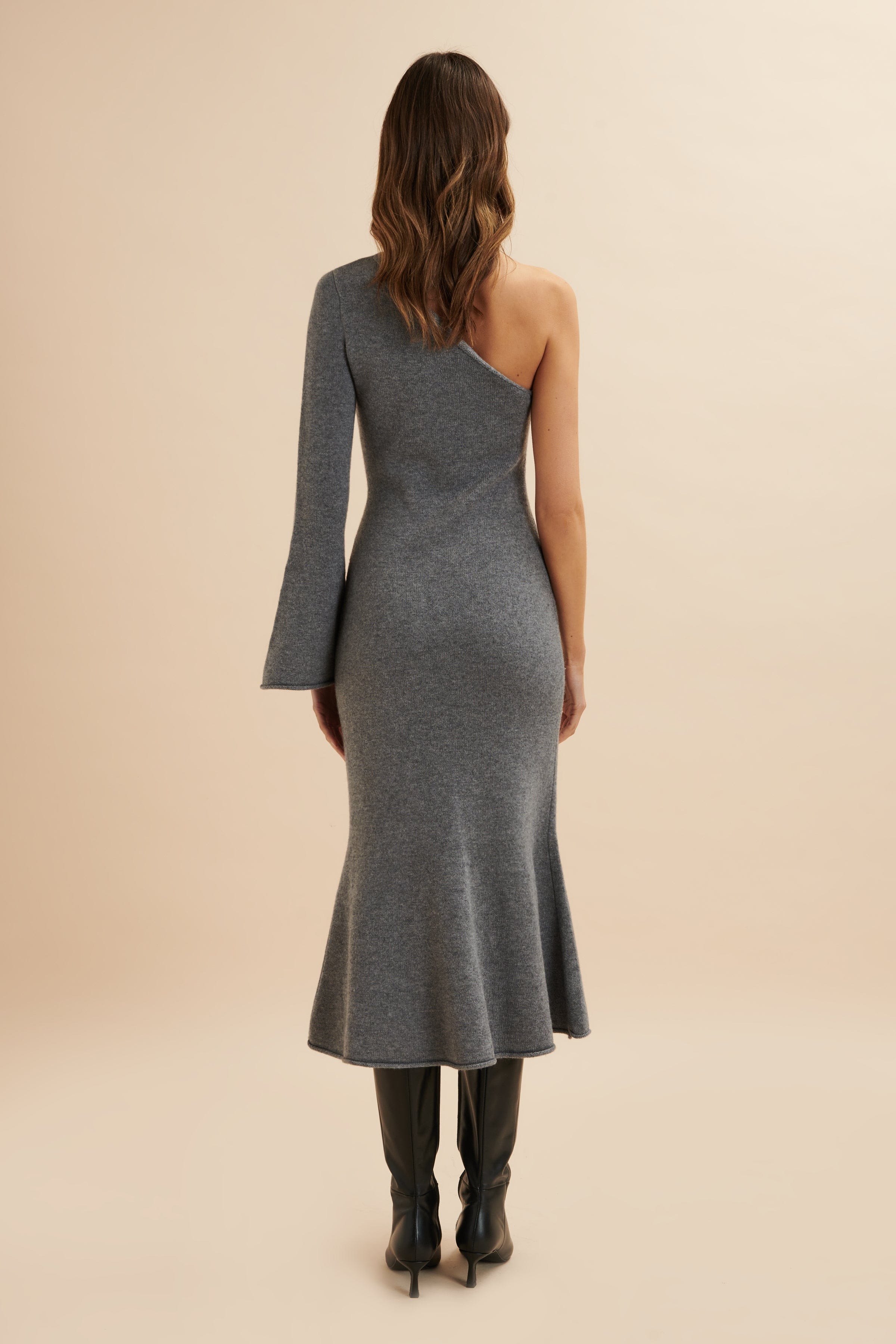 HUDA Knitted Asymmetric Fit & Flare Midi Dress In Grey