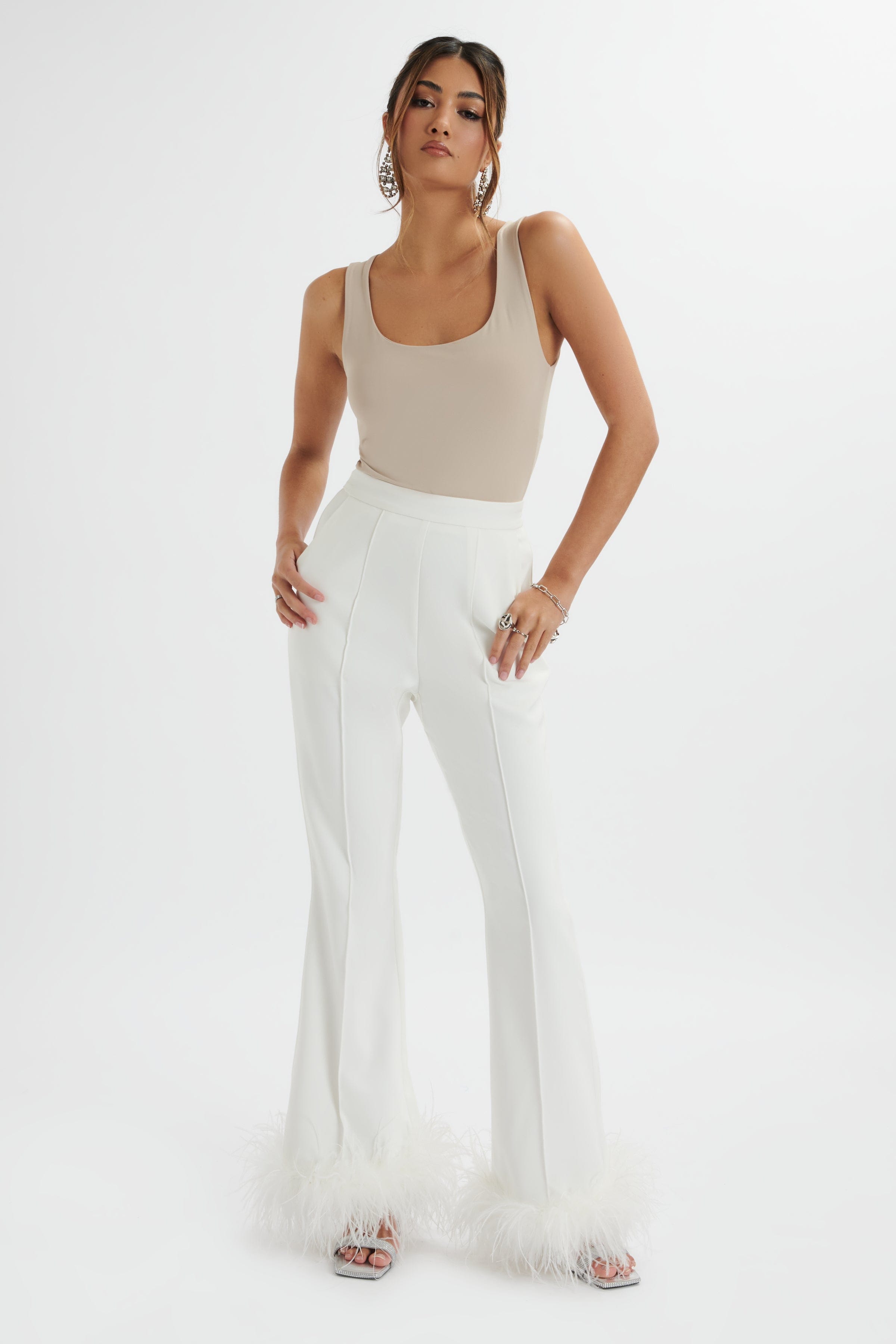 NAHLA Fit & Flare Trouser With Feather Hem In White