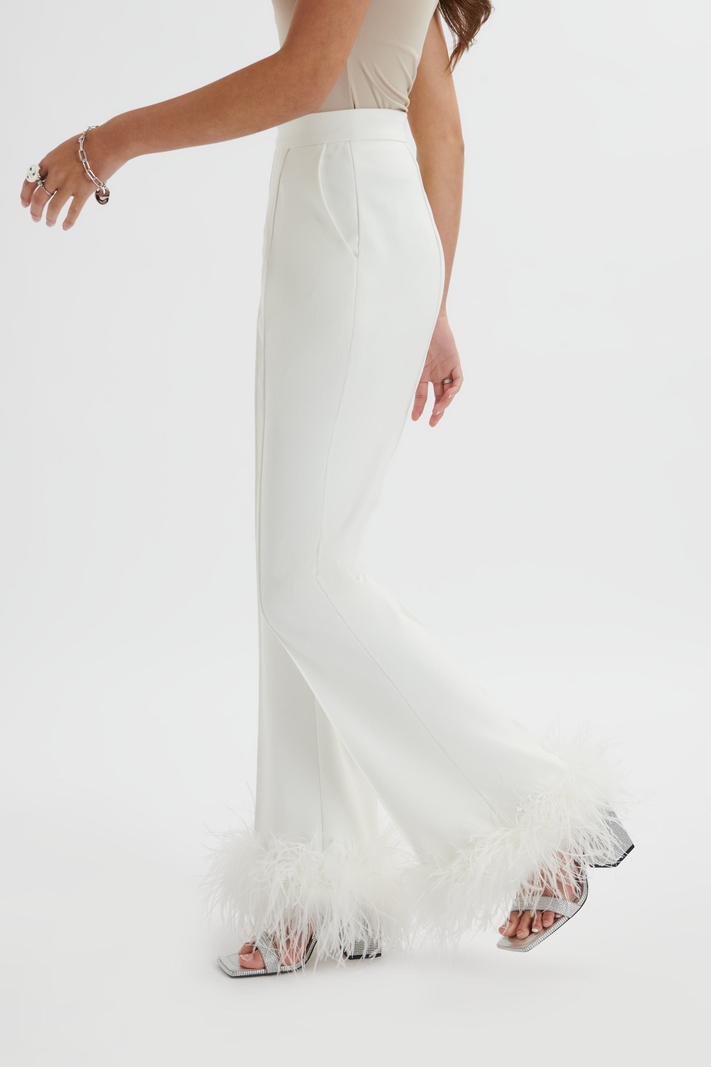 NAHLA Fit & Flare Trouser With Feather Hem In White