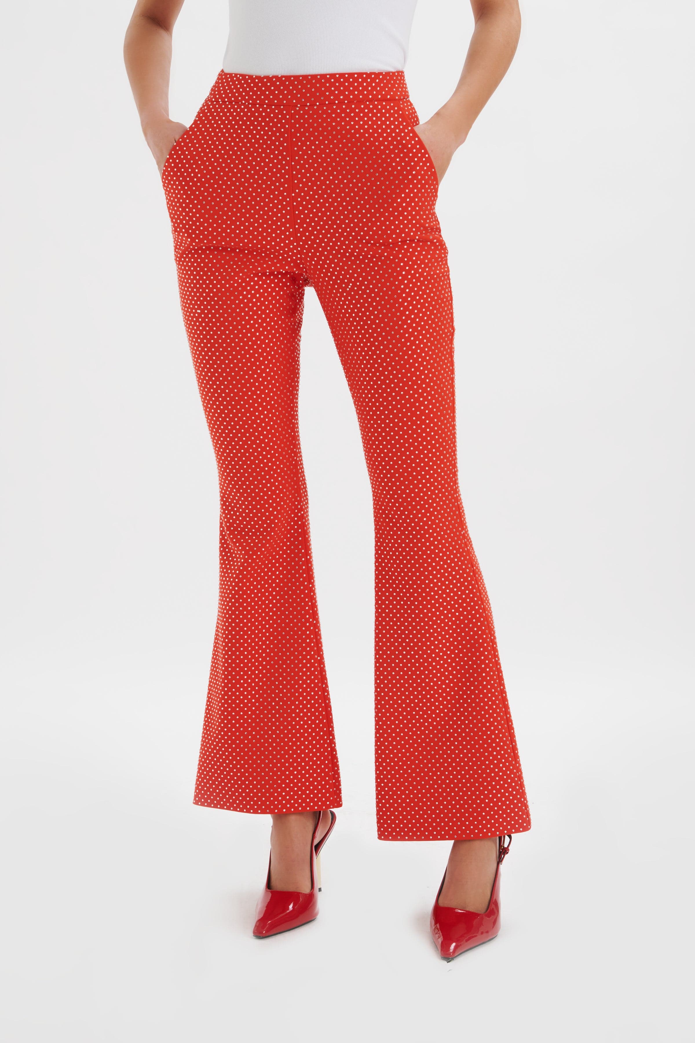 ELLISA Crystal Embellished Fit and Flare Trousers in Red