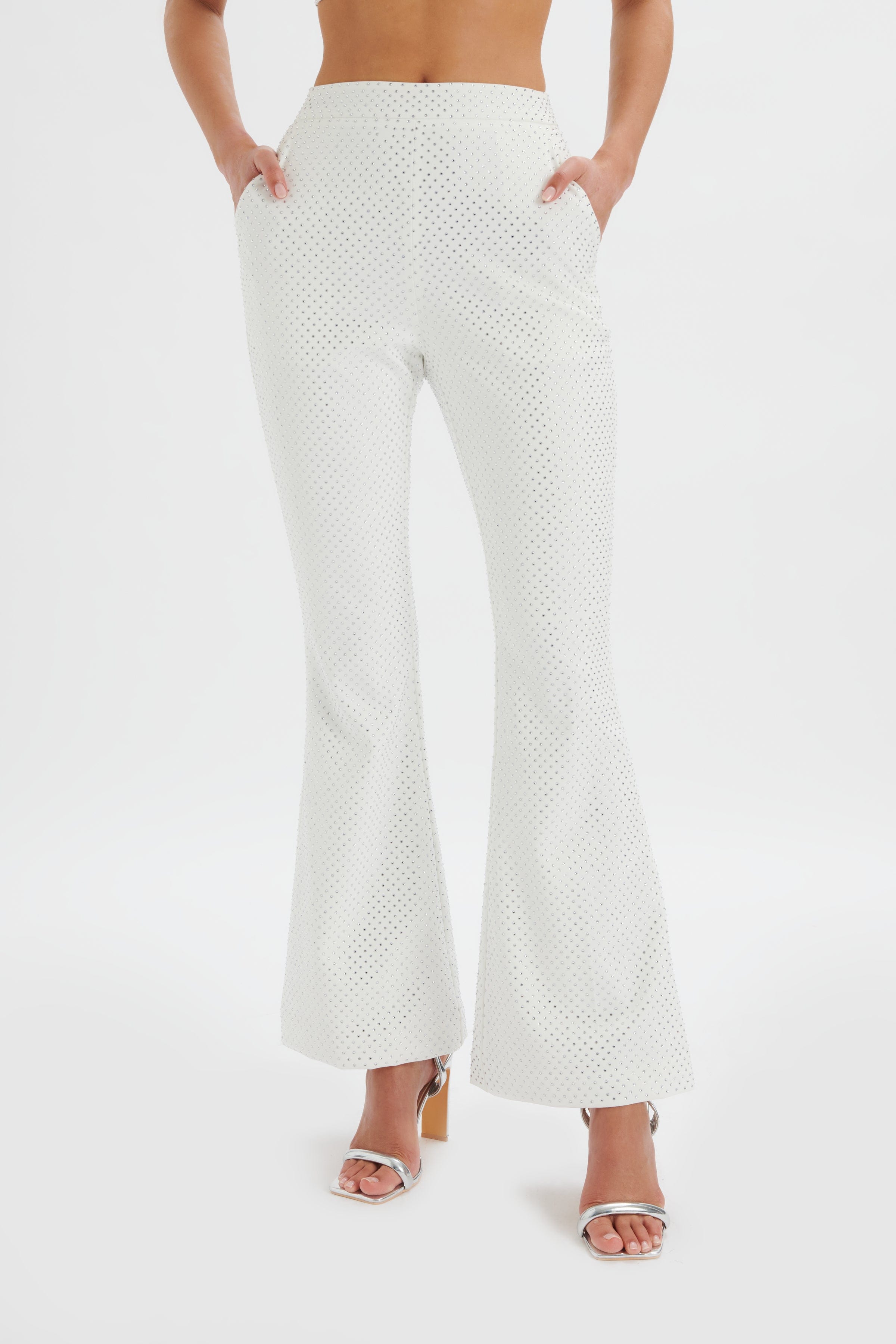 ELLISA Crystal Embellished Fit and Flare Trouser in White