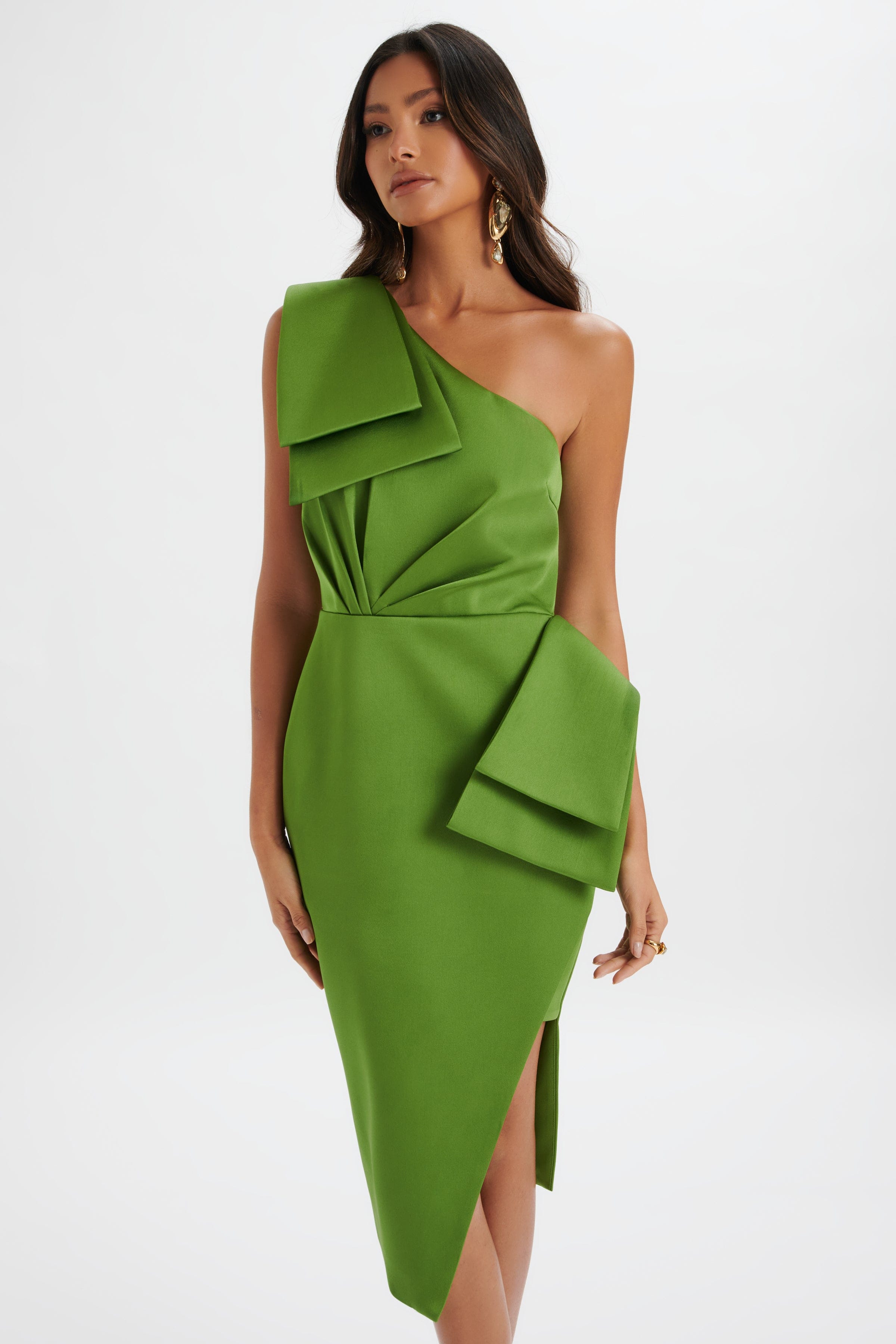 BLOOM One Shoulder Bow Detail Satin Midi Dress in Green