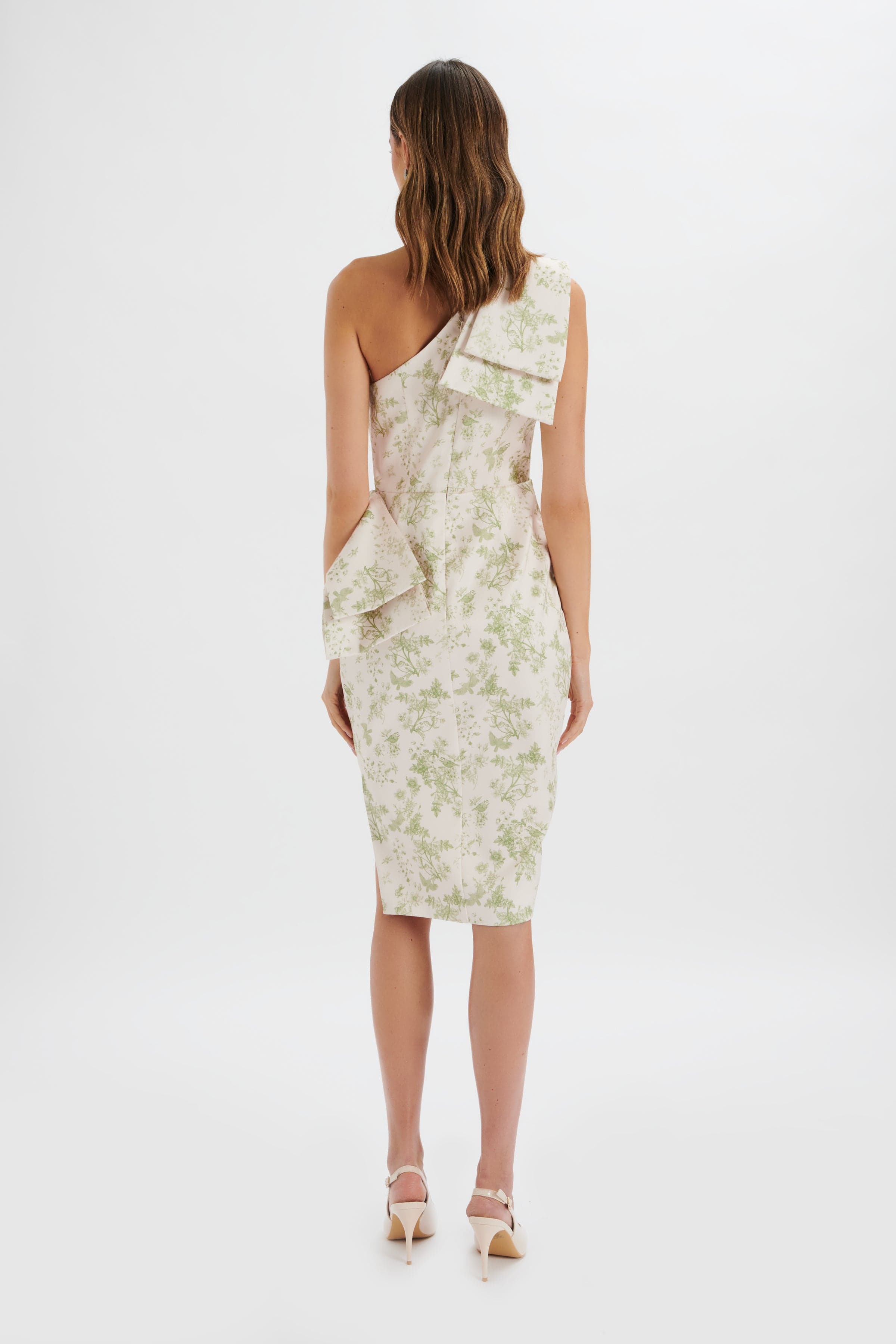 BLOOM One Shoulder Bow Detail Satin Midi Dress in Green Porcelain Print