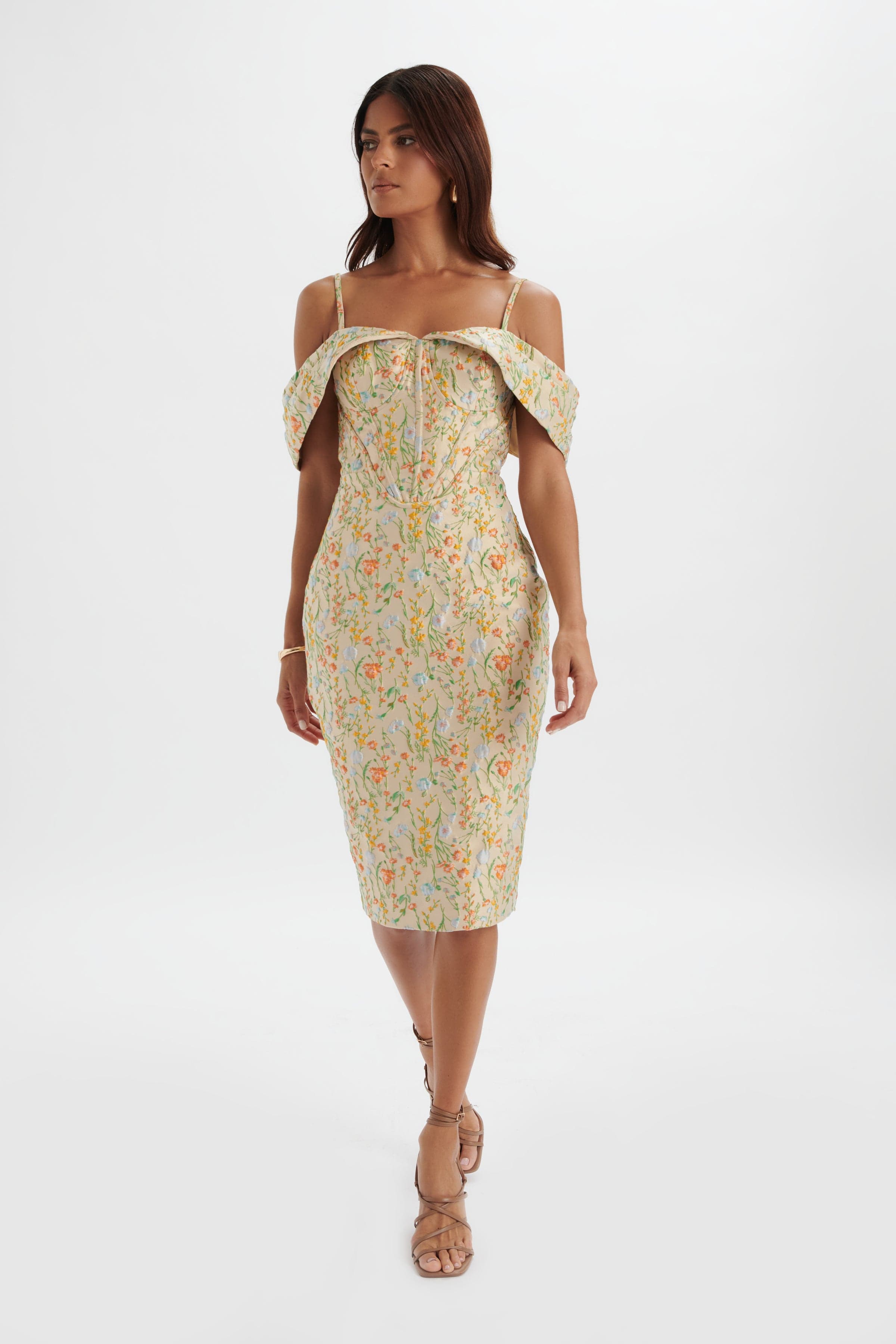 AMIA Bardot Sleeve Midi Dress in Floral Jacquard