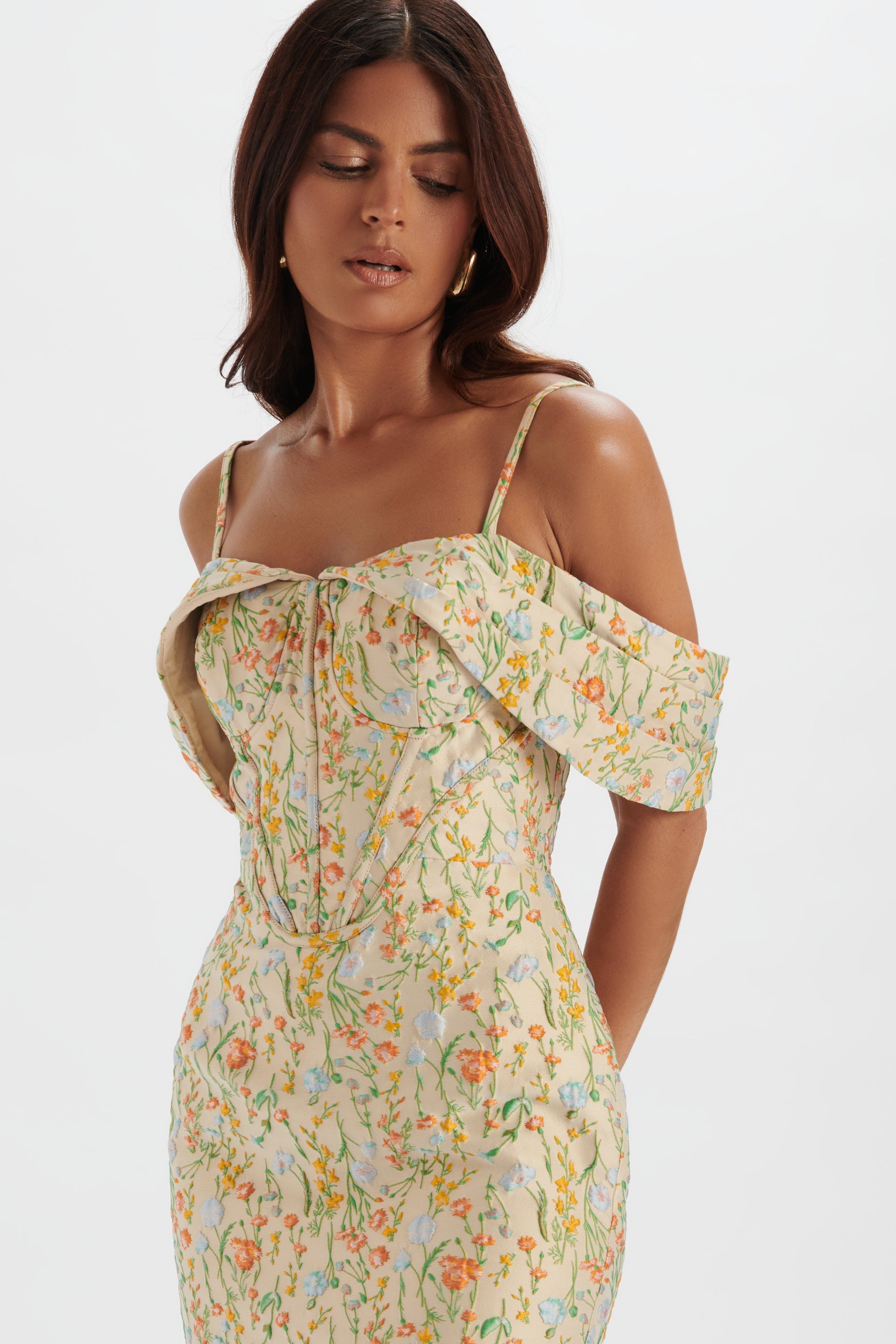 AMIA Bardot Sleeve Midi Dress in Floral Jacquard