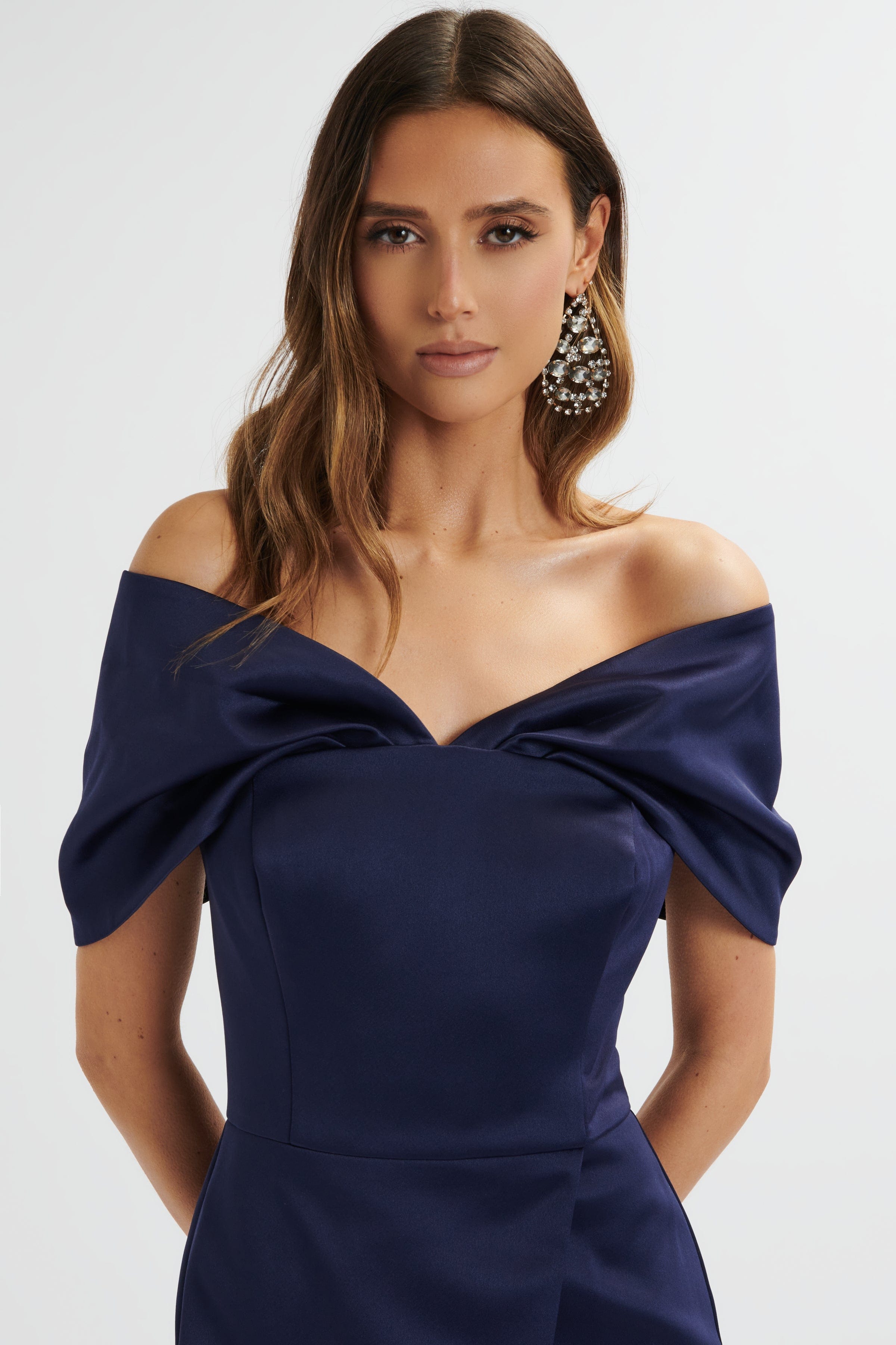 HARLEEN Draped Bardot Bonded Satin Midi Dress In Navy