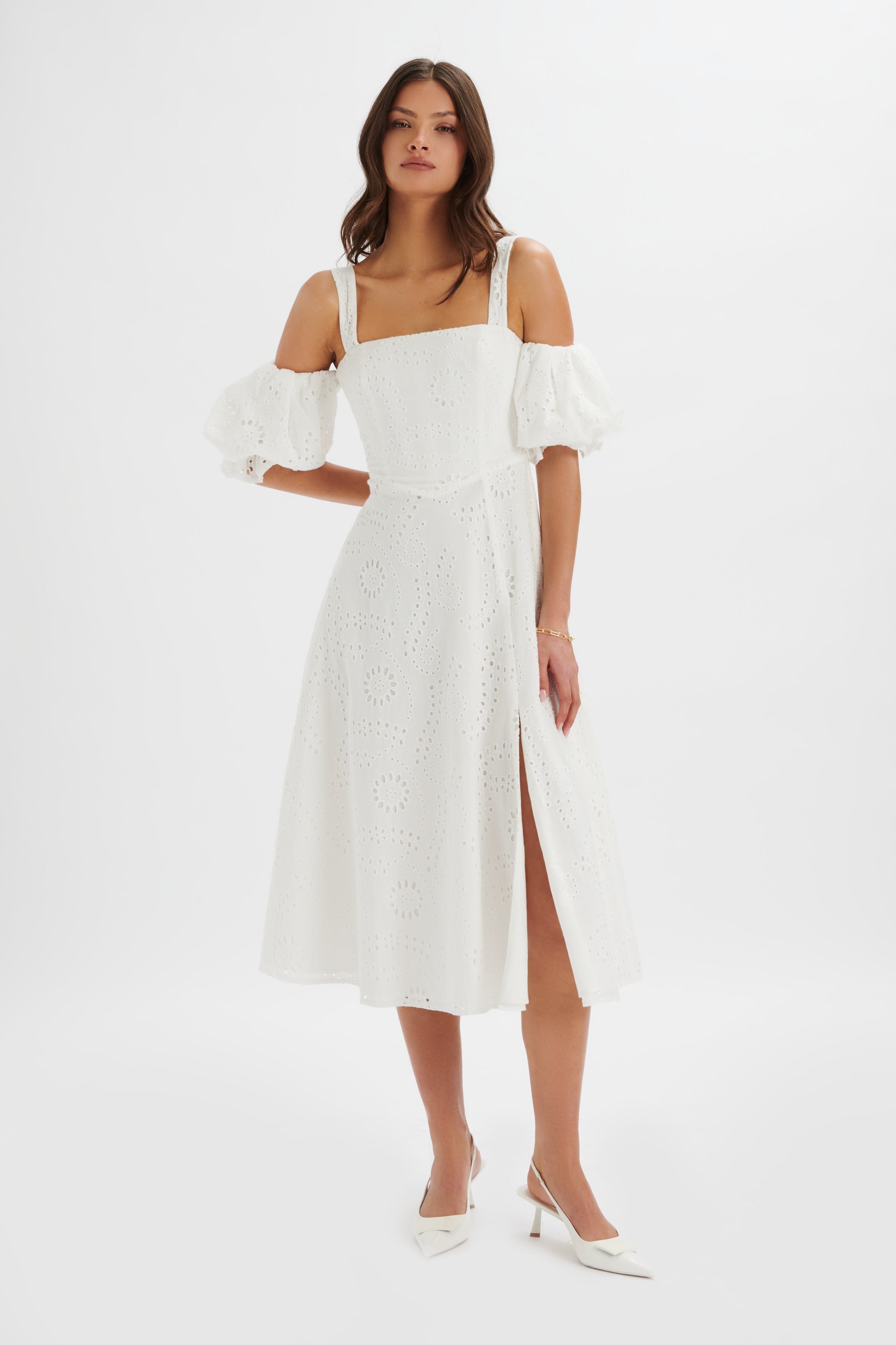 CHARLI Off Shoulder Broderie Midi Dress in White