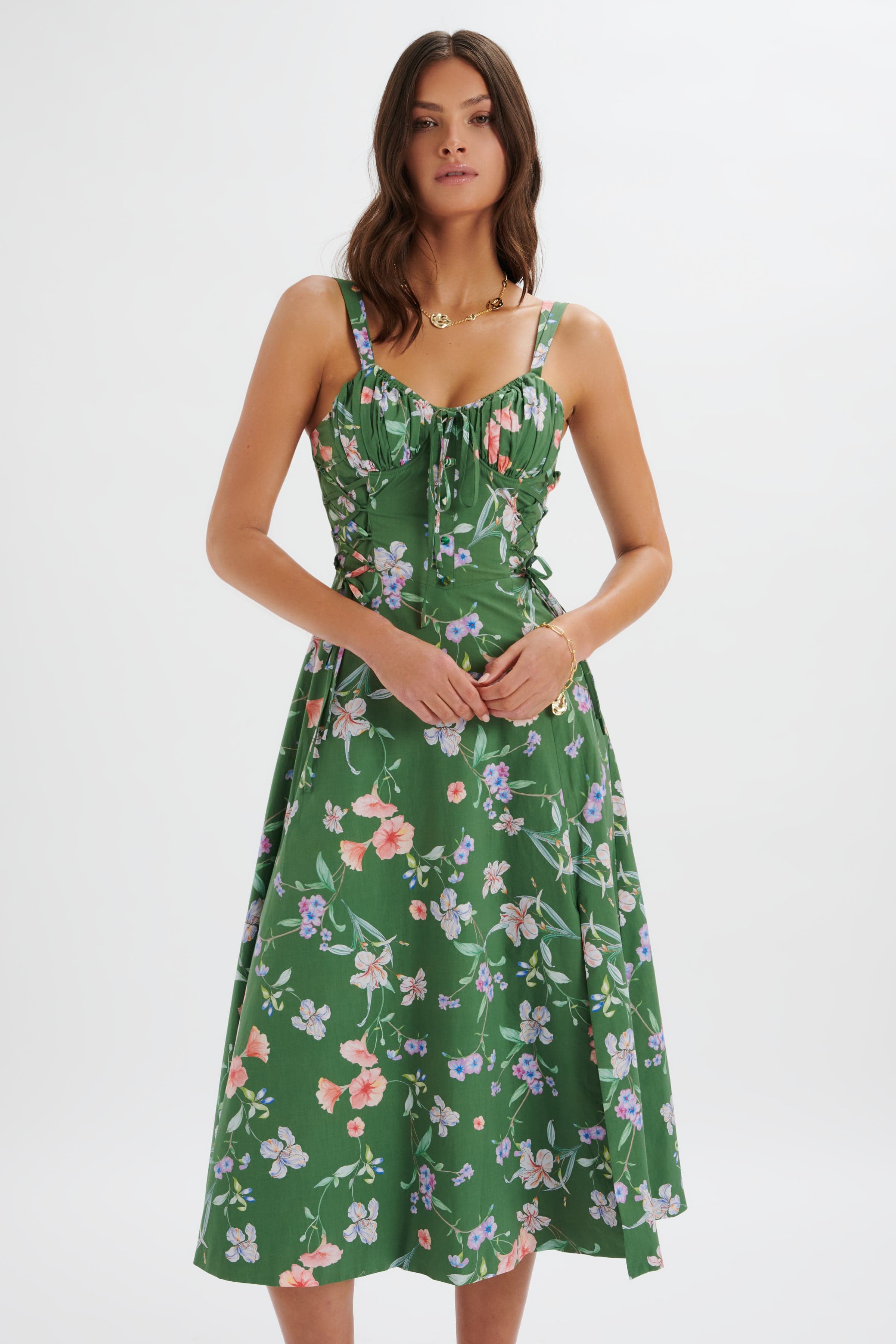 ROSEY Gathered Longline Dress in Green Floral Print