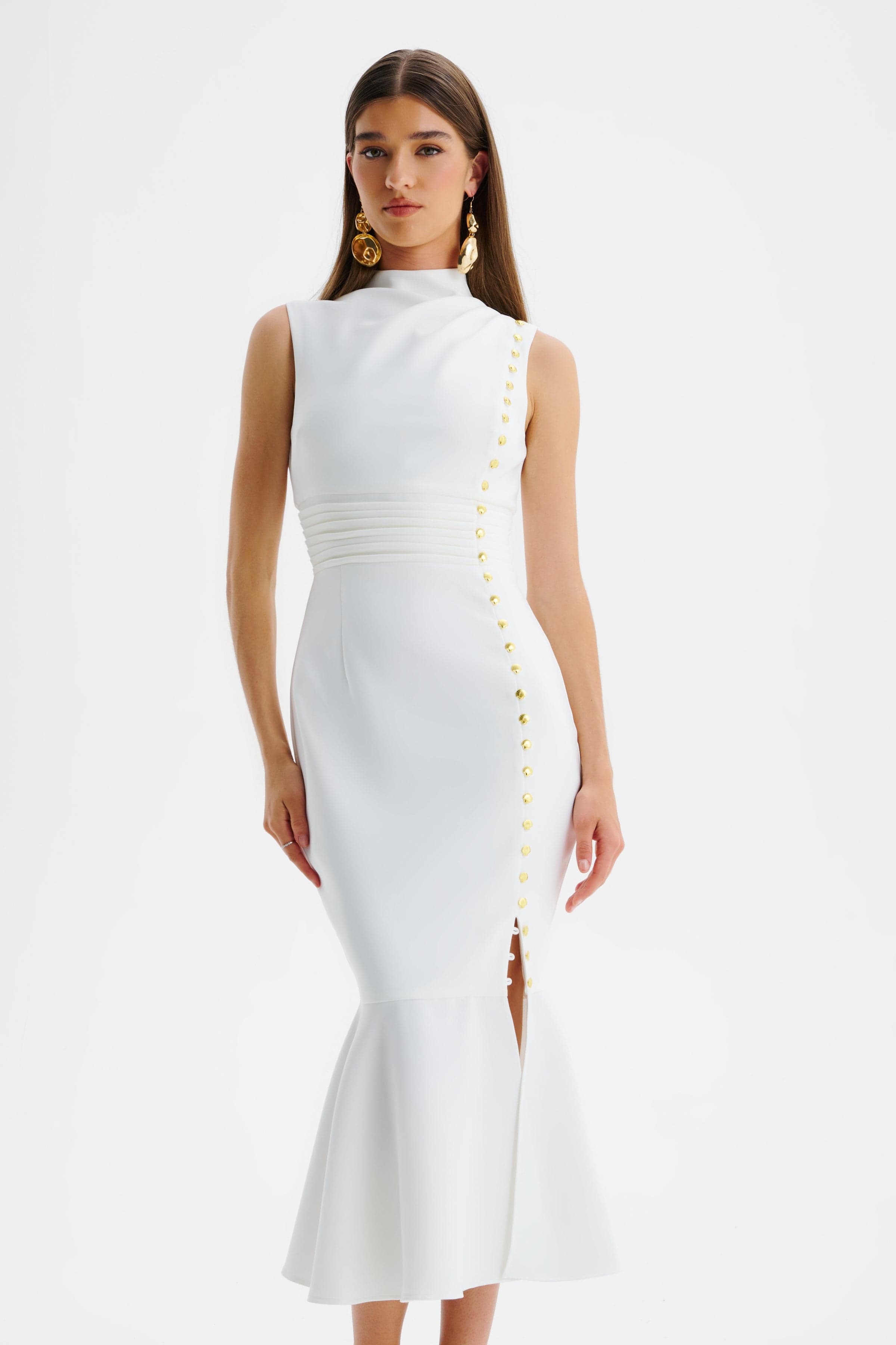 SAFFRON High Neck Micro Shell Button Midi Dress in White