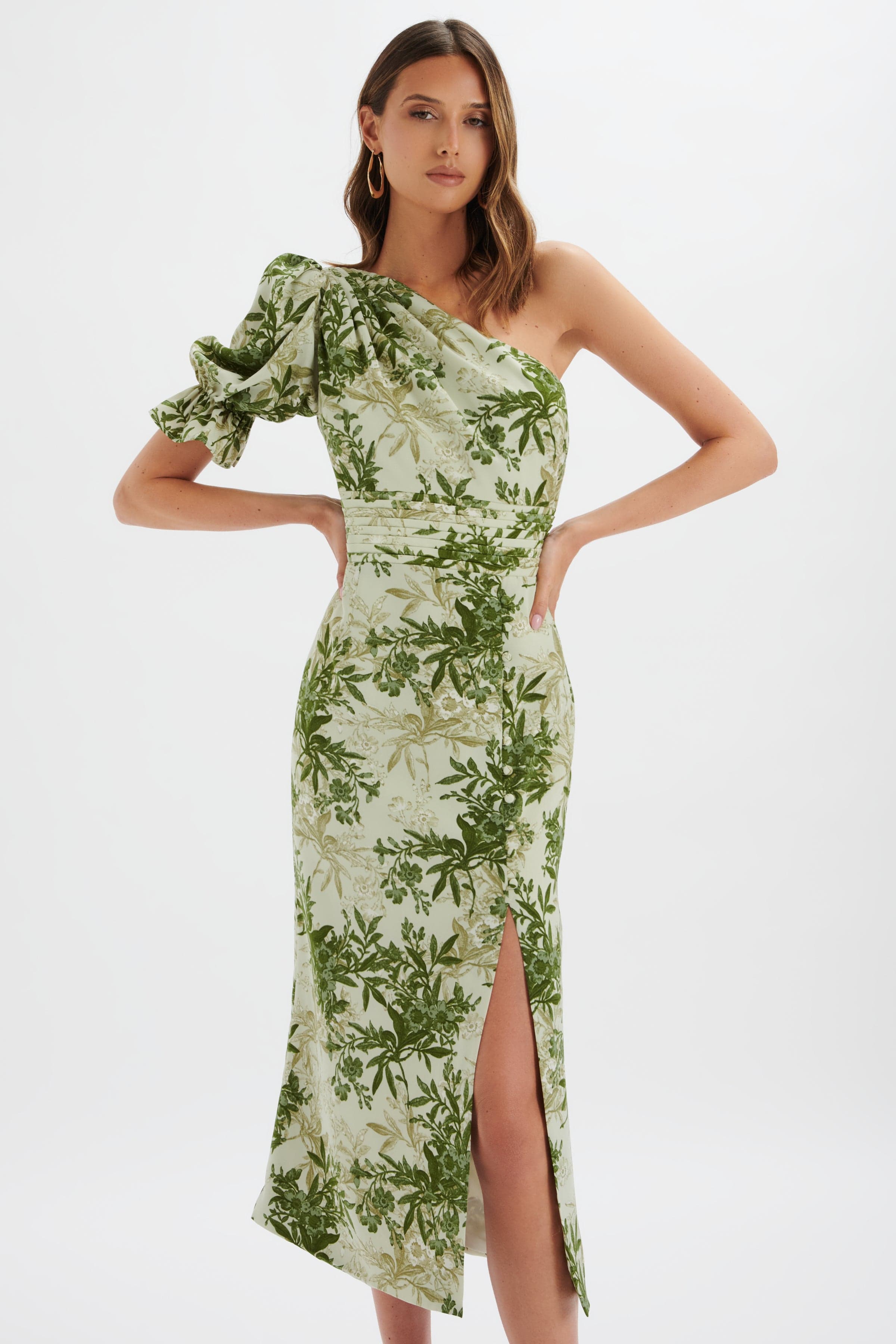 NAKIA Asymmetric Puff Sleeve Midi Dress in Botanical Print