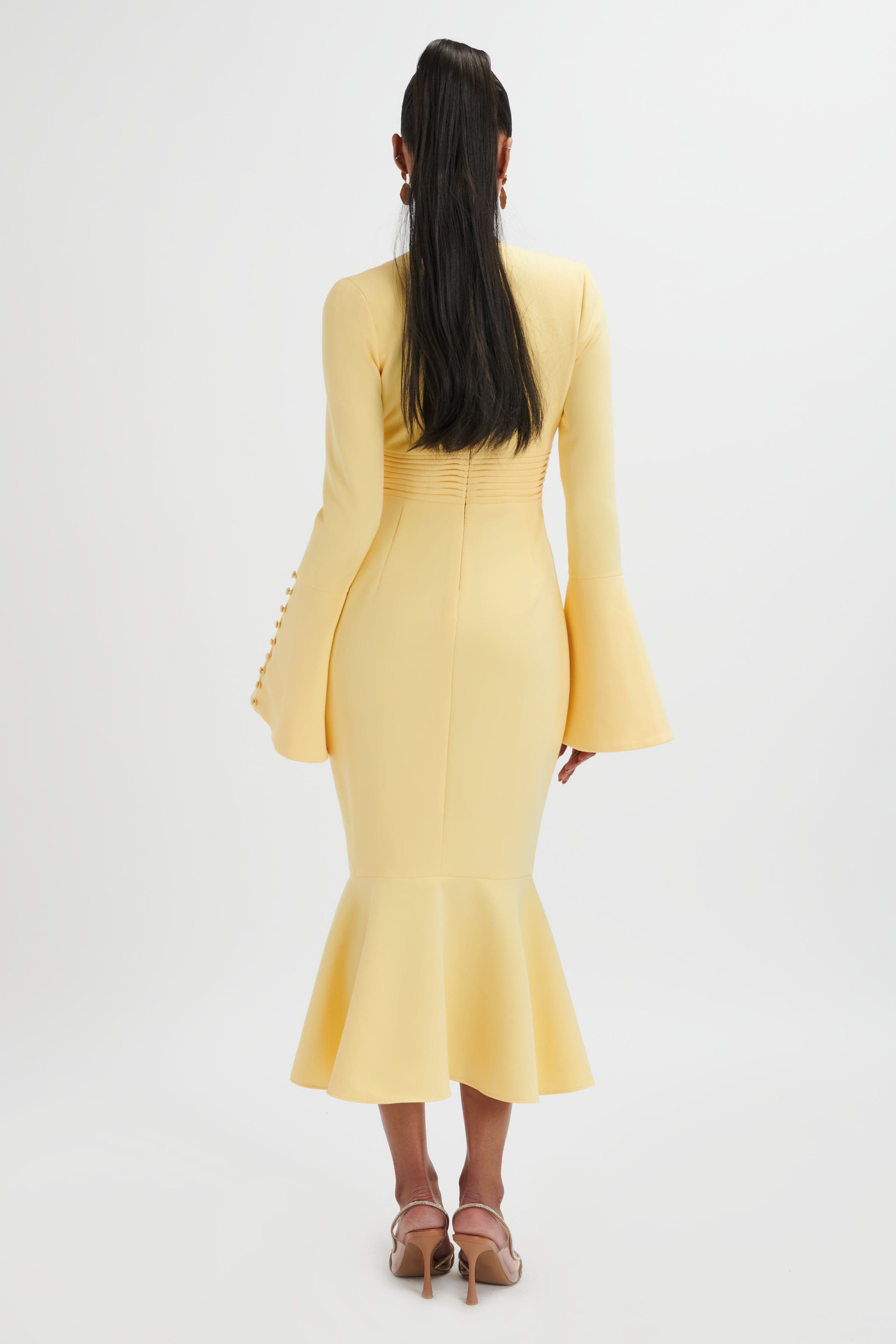 **PRE-ORDER** SALMA Fluted Sleeve Longline Fishtail Midi Dress In Yellow