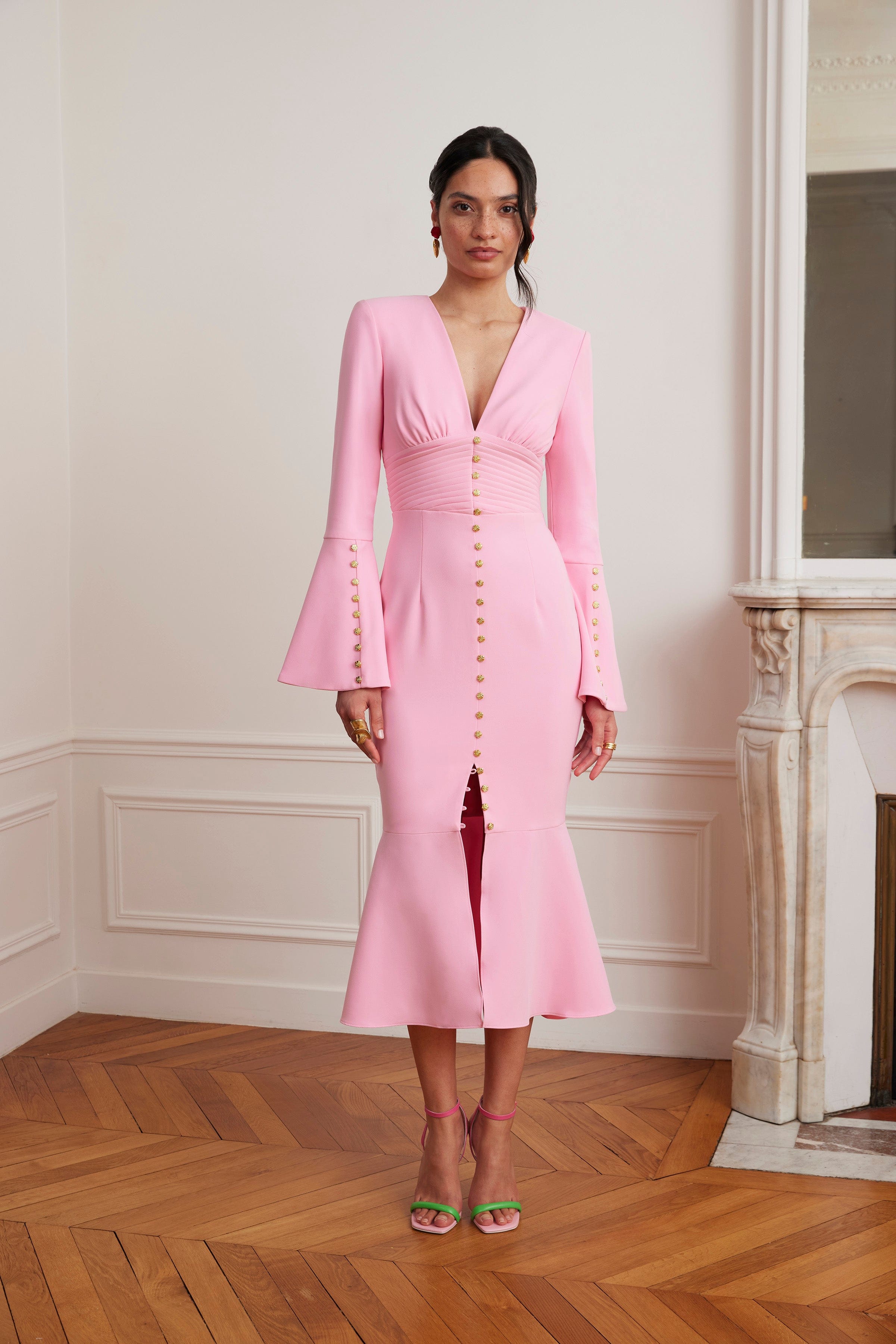 SALMA Fluted Sleeve Micro Rose Button Midi Dress in Pink