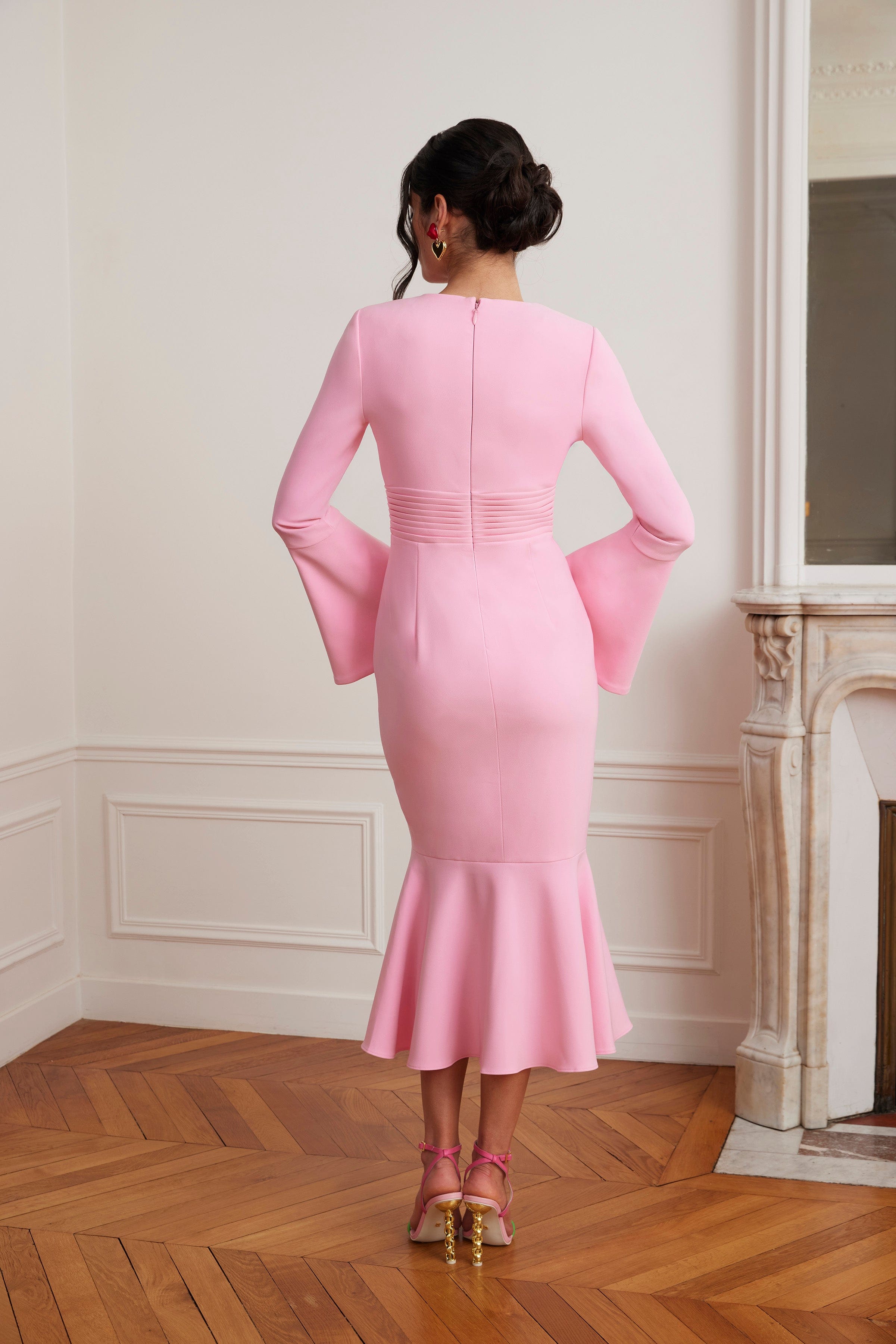 SALMA Fluted Sleeve Micro Rose Button Midi Dress in Pink