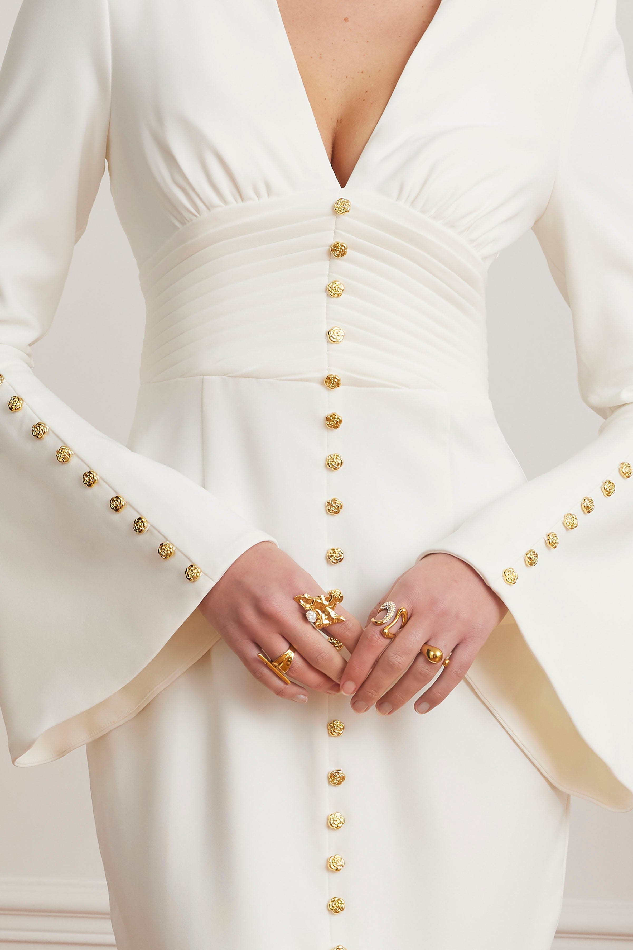 SALMA Fluted Sleeve Micro Gold Button Midi Dress in White