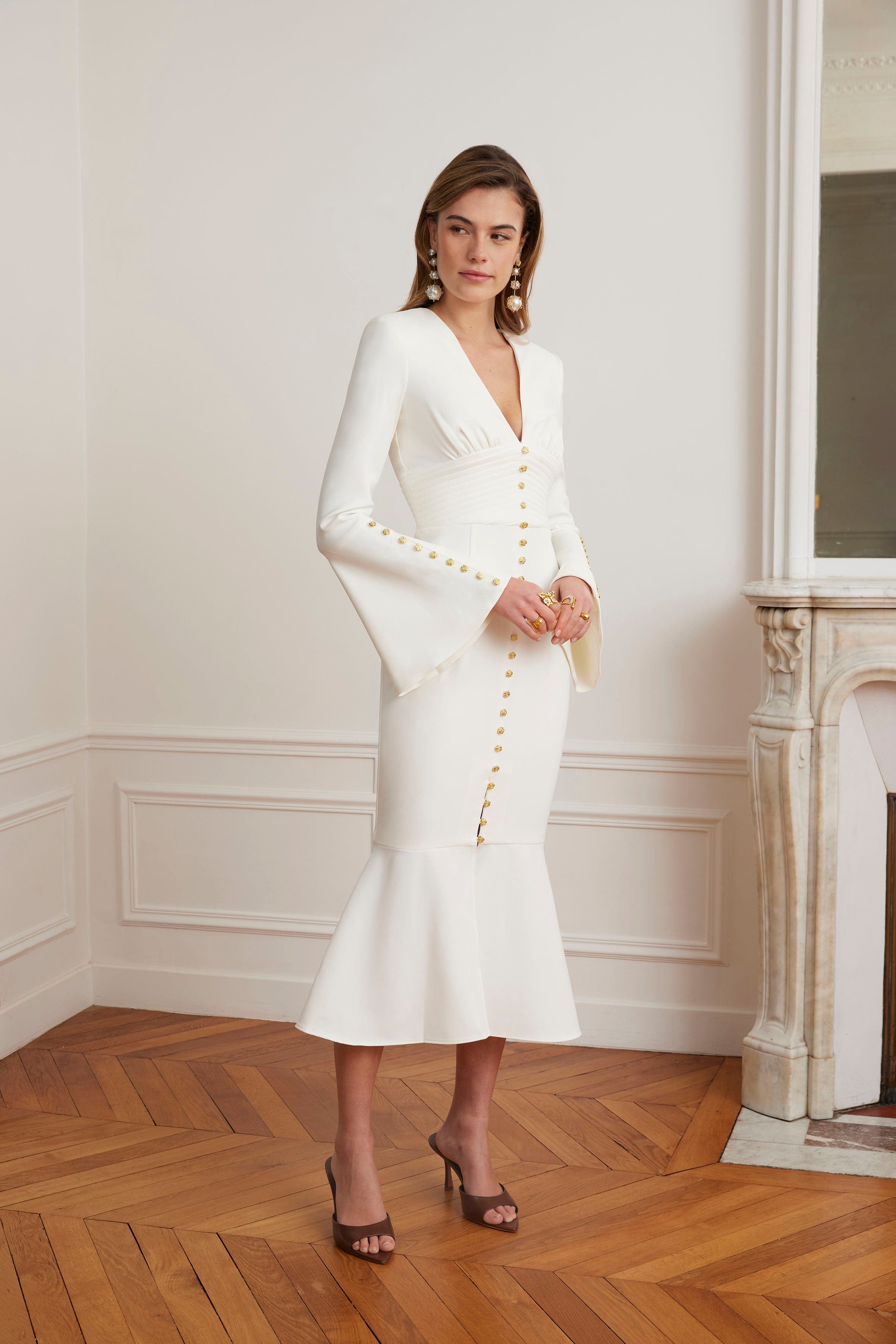 SALMA Fluted Sleeve Micro Gold Button Midi Dress in White