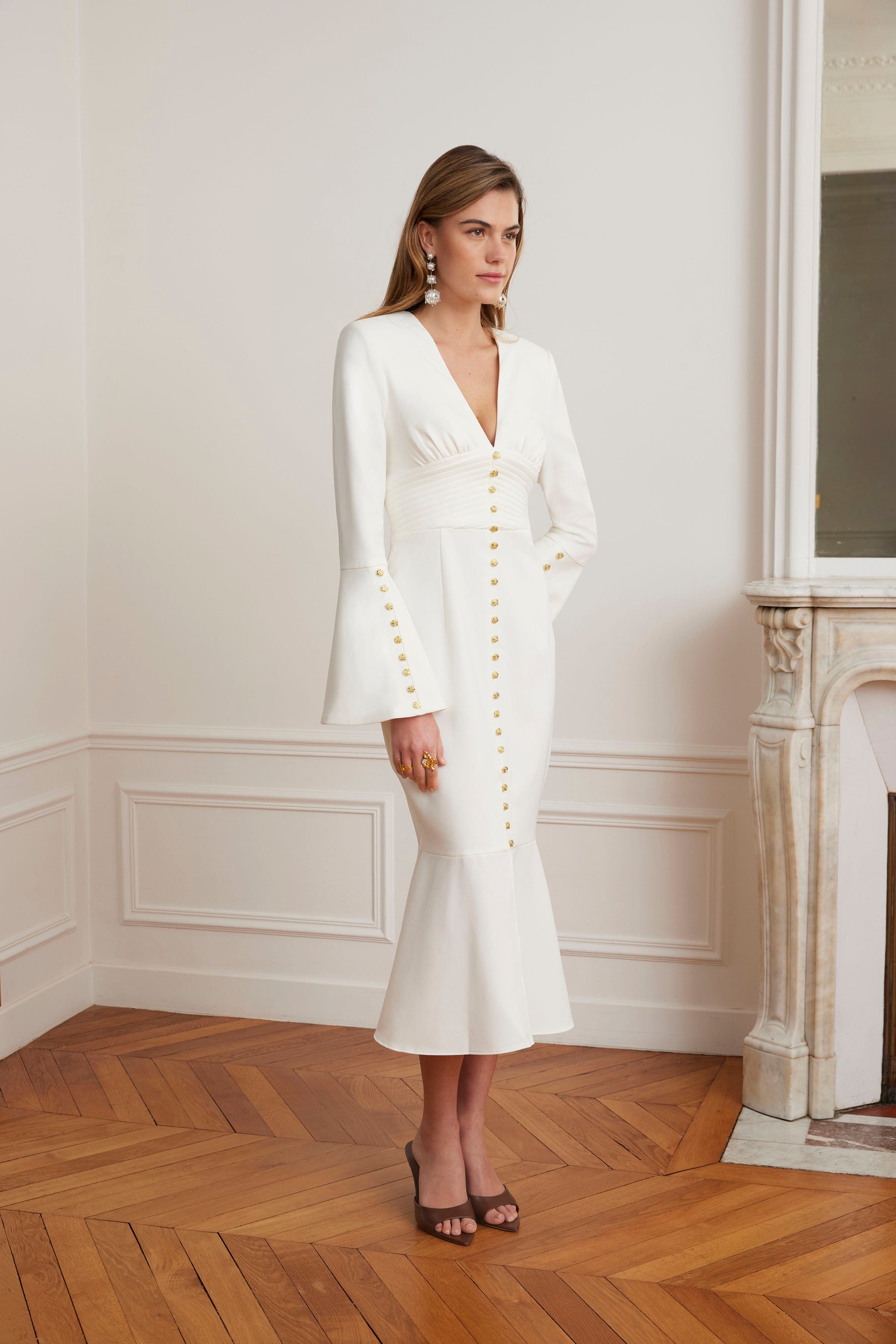 SALMA Fluted Sleeve Micro Gold Button Midi Dress in White